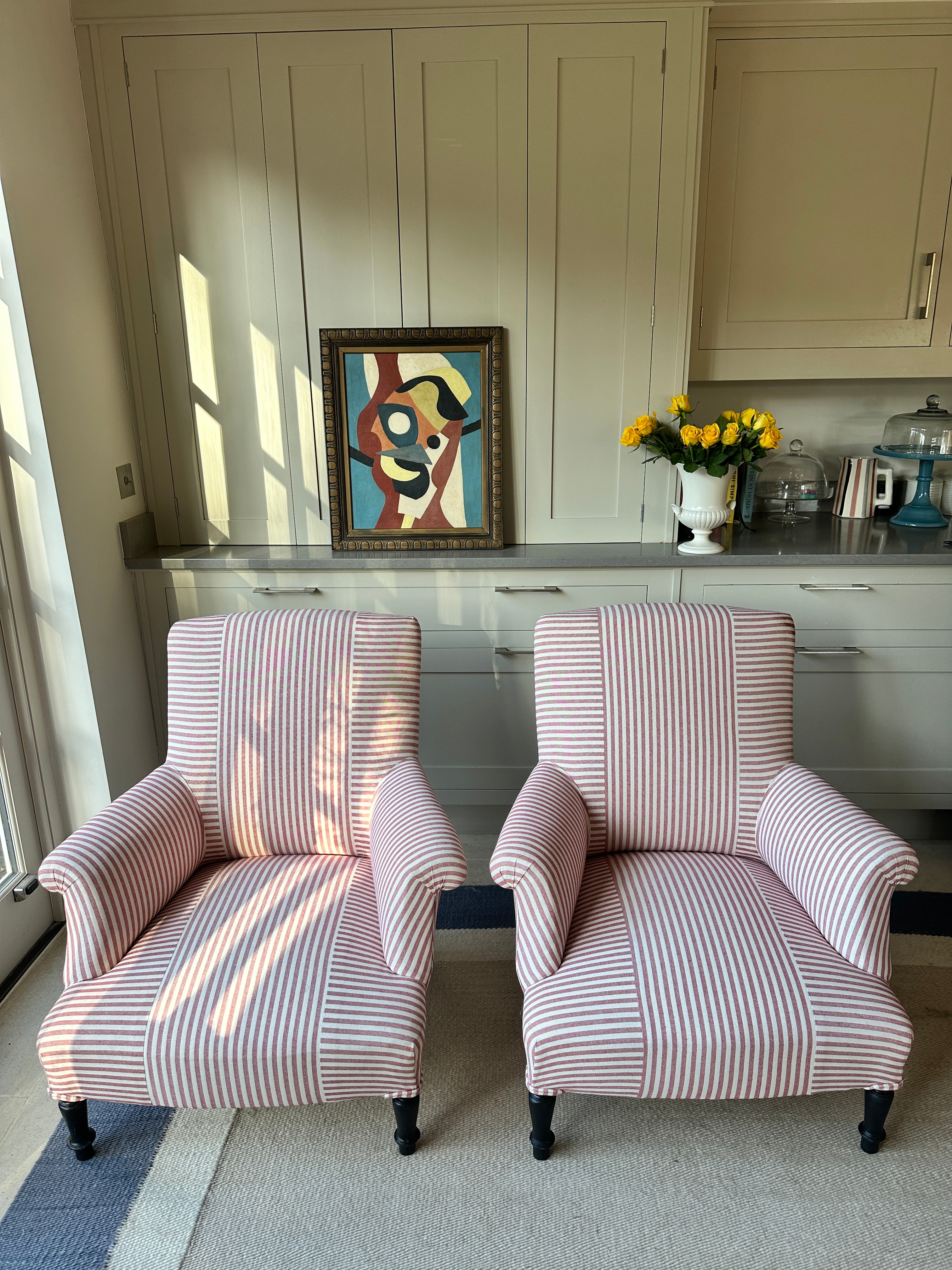 Pair of Napoleon III Squareback chairs in Red ticking Criss Cross