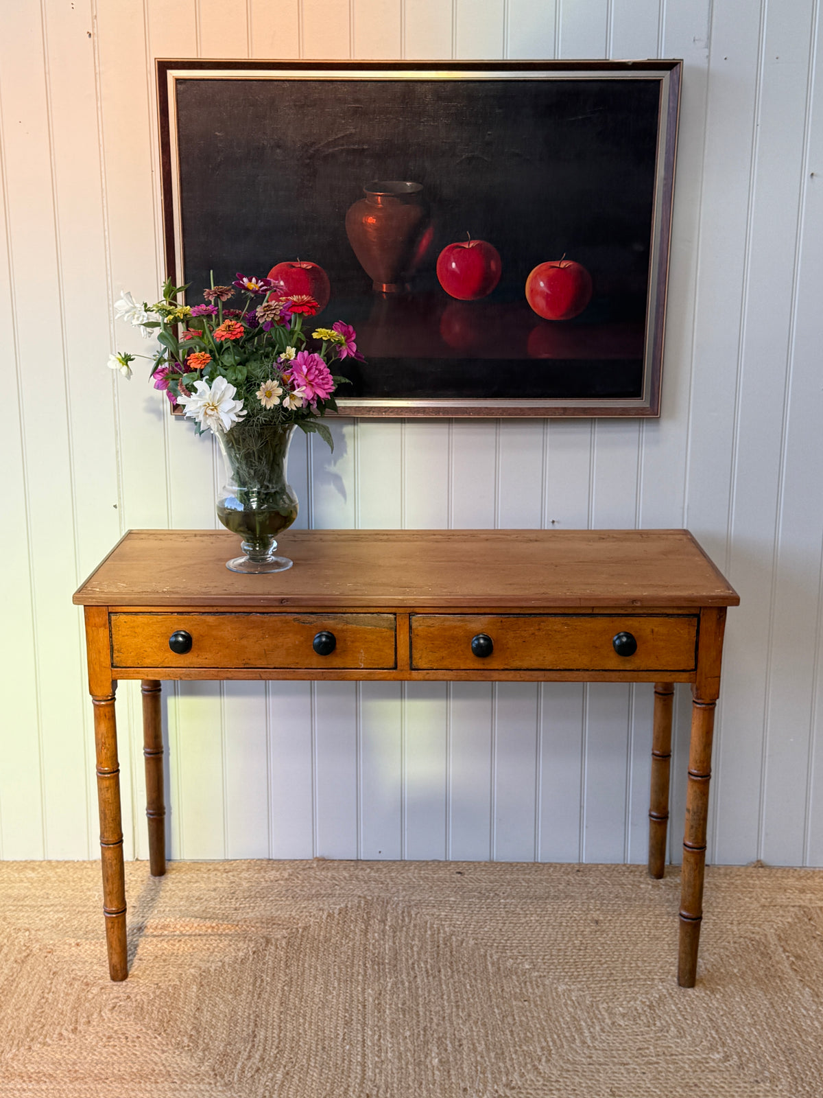 Regency Pine Side Table with Faux Bamboo Legs and Two Drawers