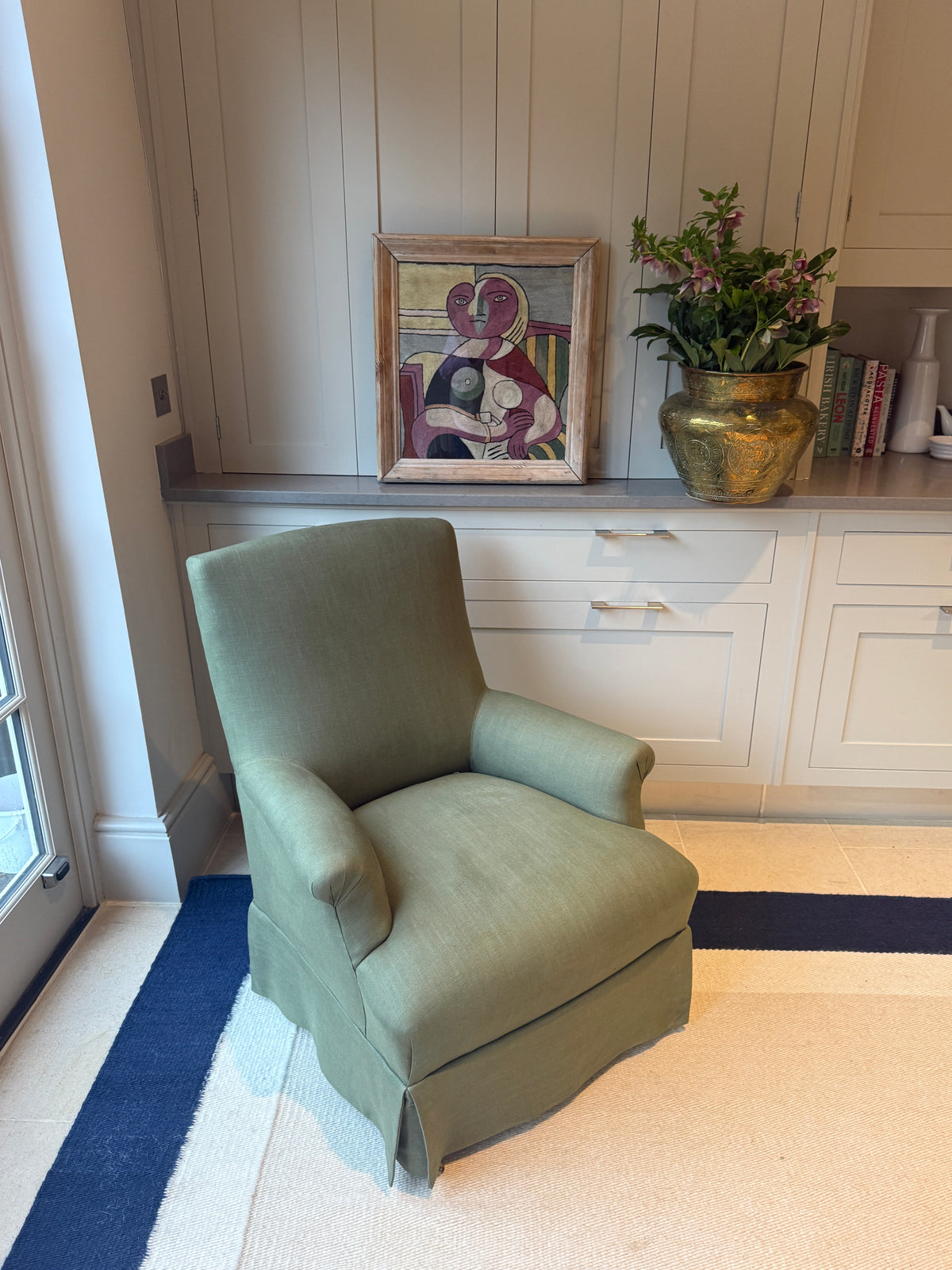 Napoleon III Armchair in Sage Green Linen