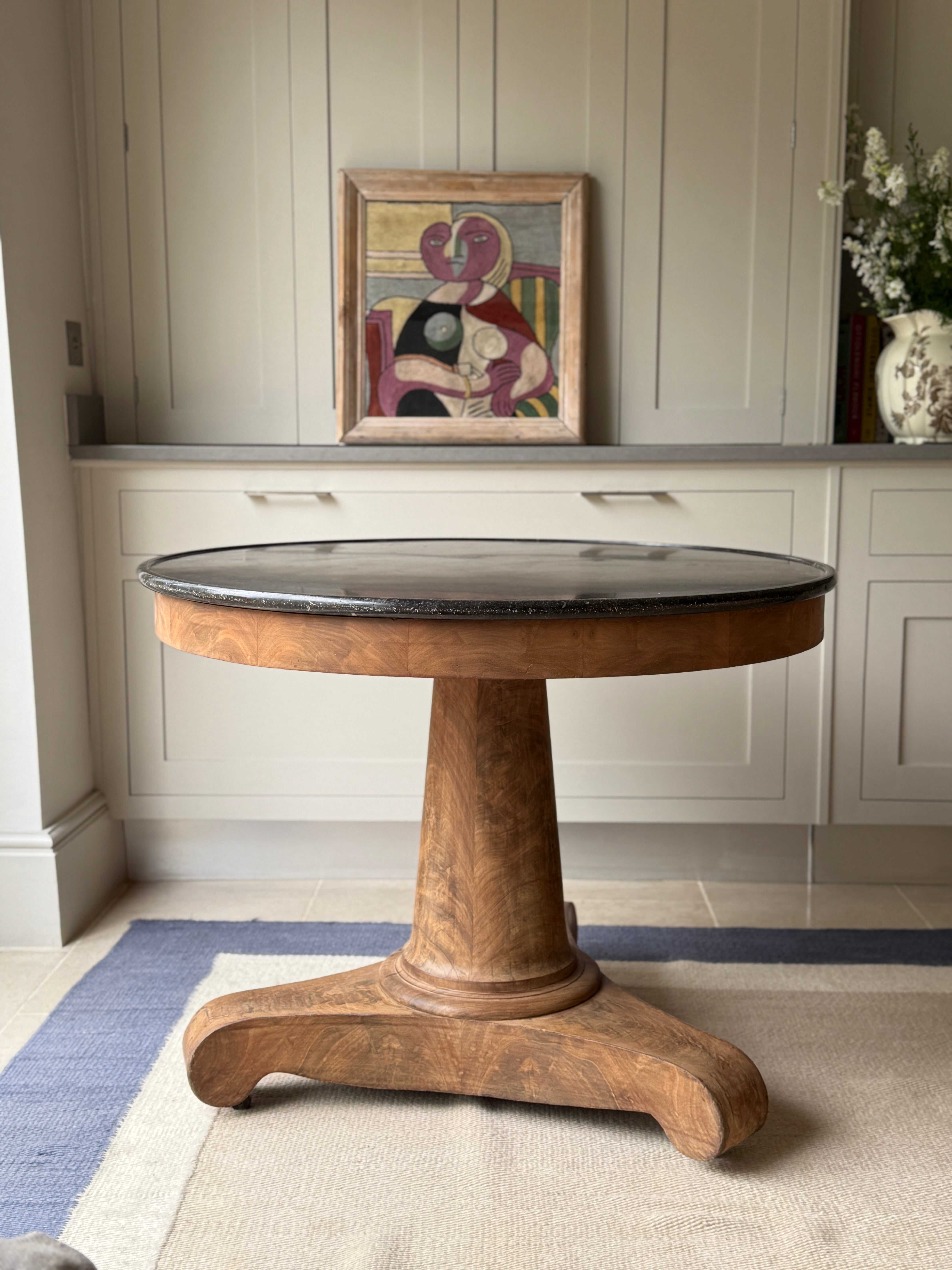 Large French Mahogany Gueridon with Dark Grey Marble Top