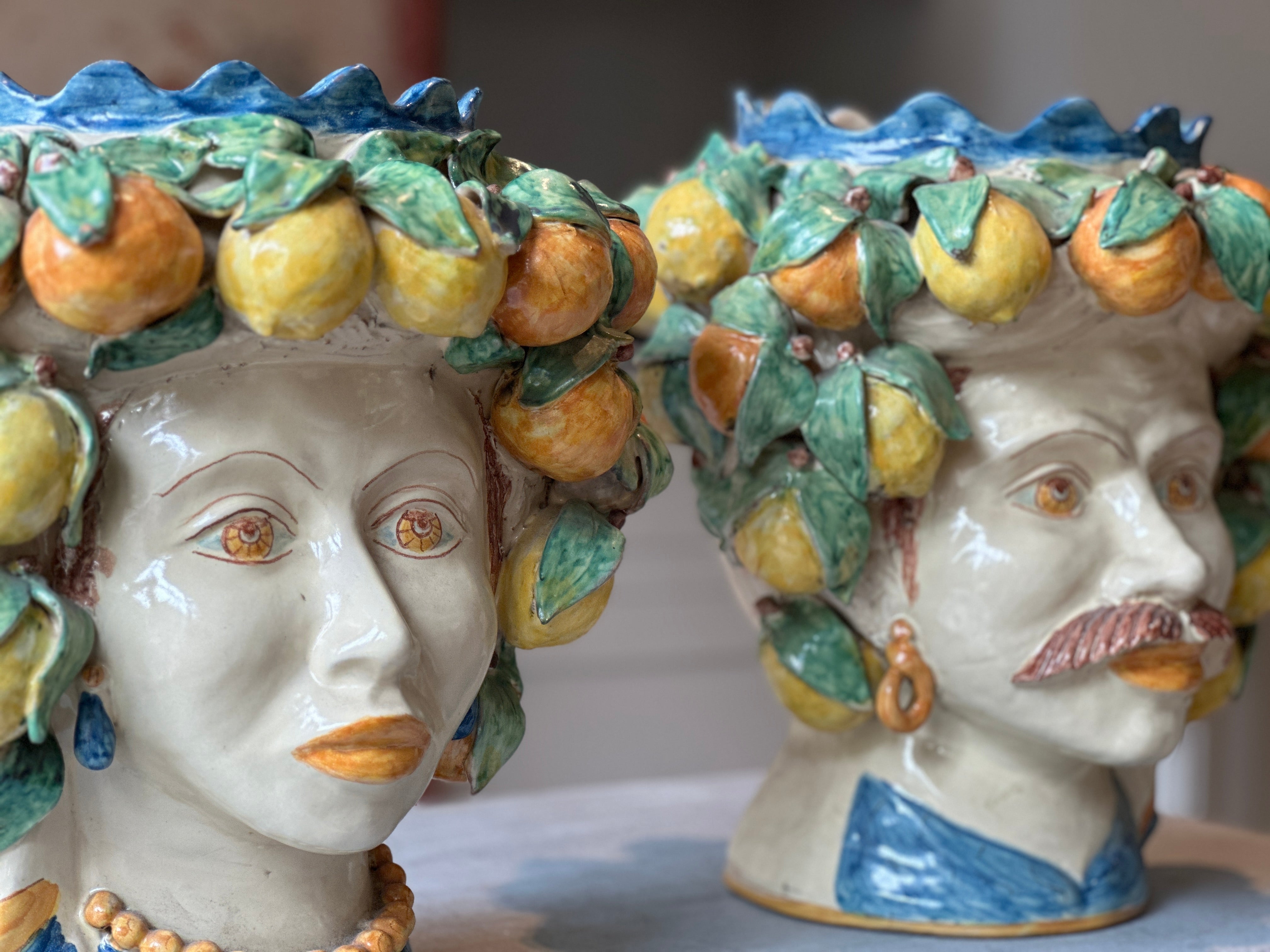 Large Pair of Vintage Sicilian Moor Heads with lemon and orange headdress.