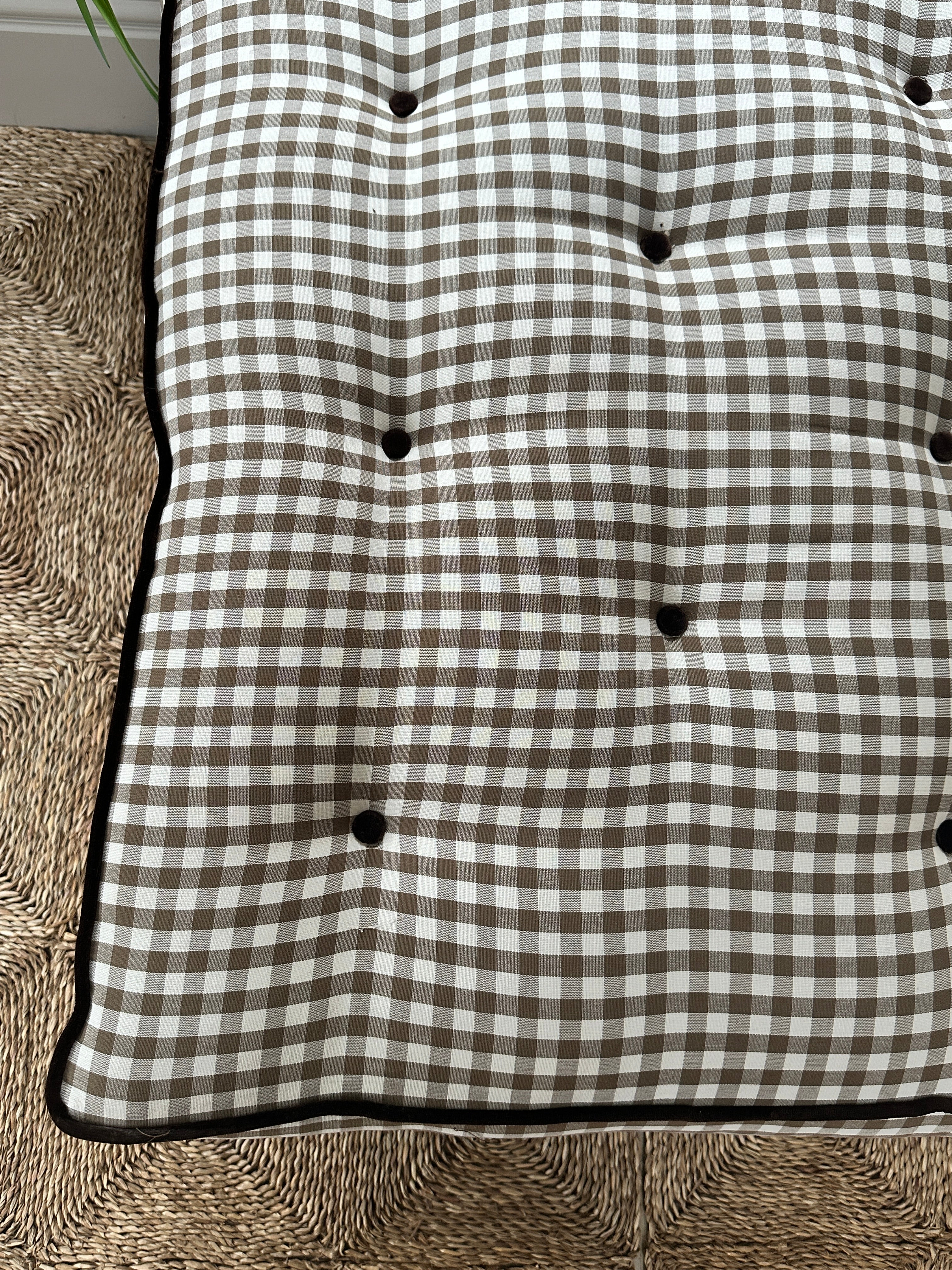 Large Daybed with Squab cushion in brown gingham and brown velvet piping and buttons.