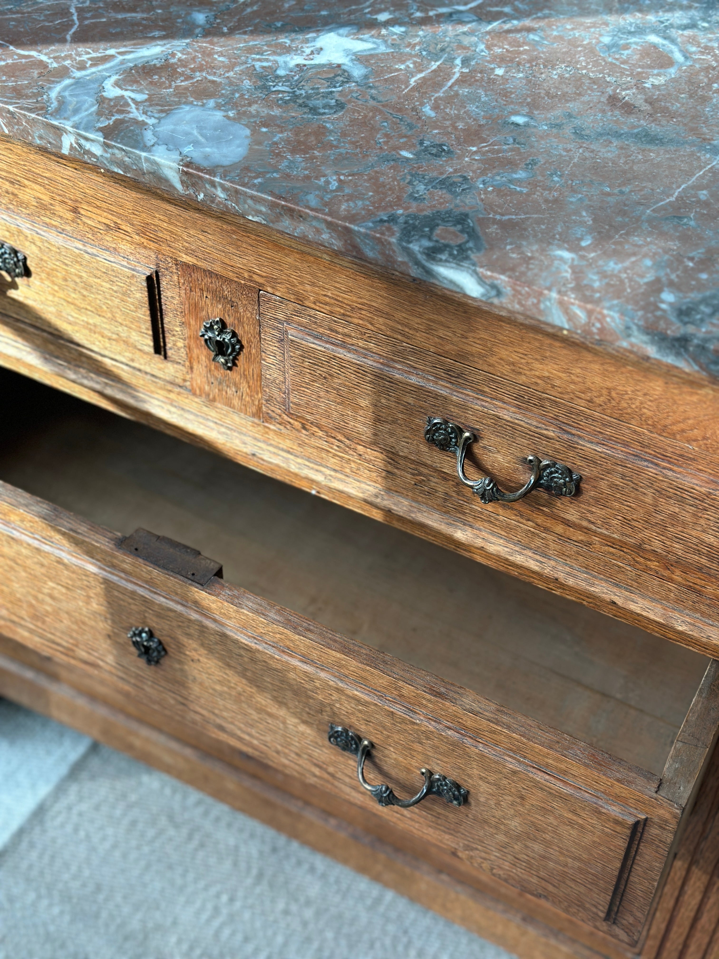 Small Early 20th Century Oak Commode with Polychrome Marble Top