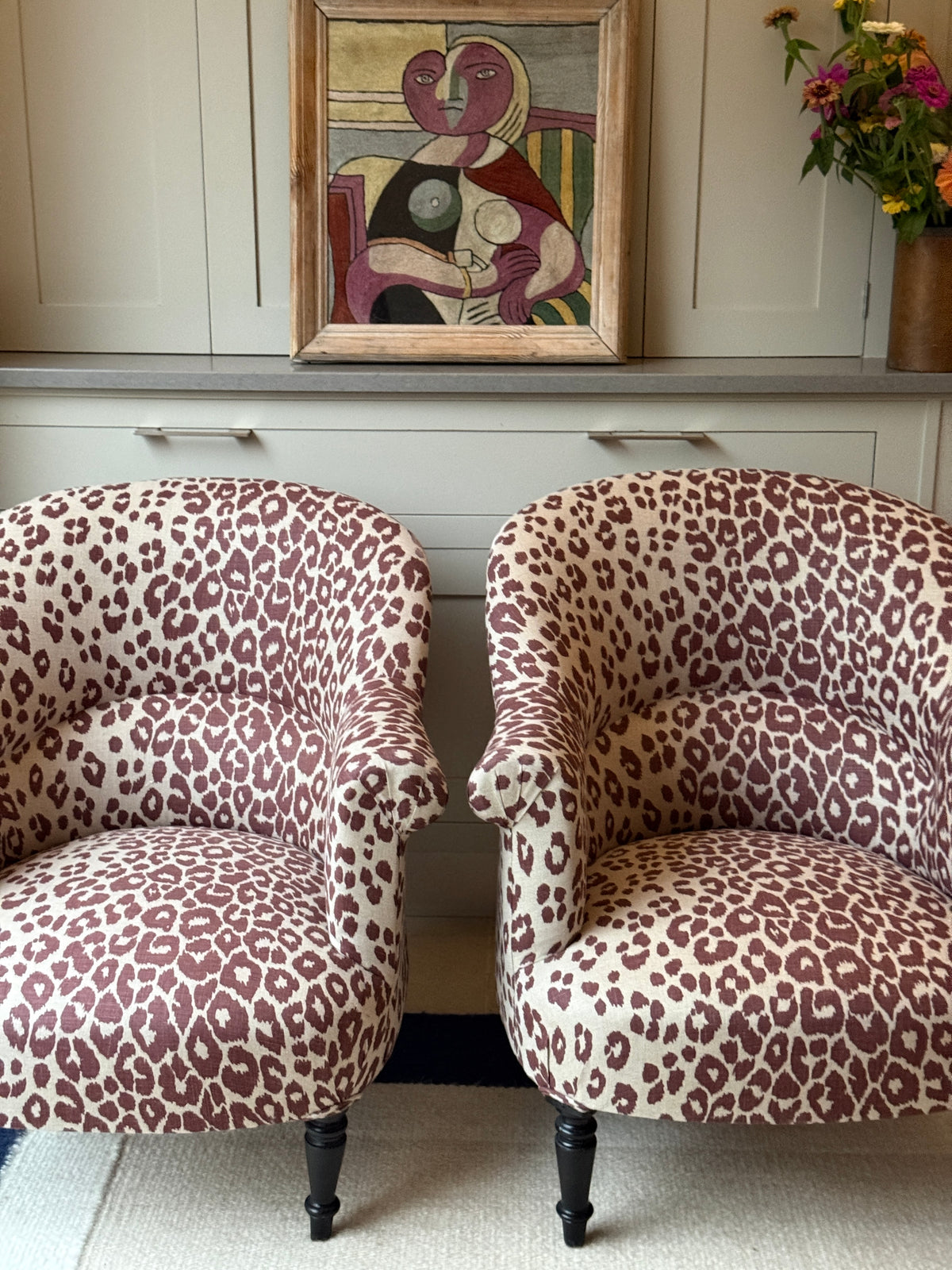 Pair of 19th Century French Chairs in Schumacher Iconic Leopard Linen, Raisin