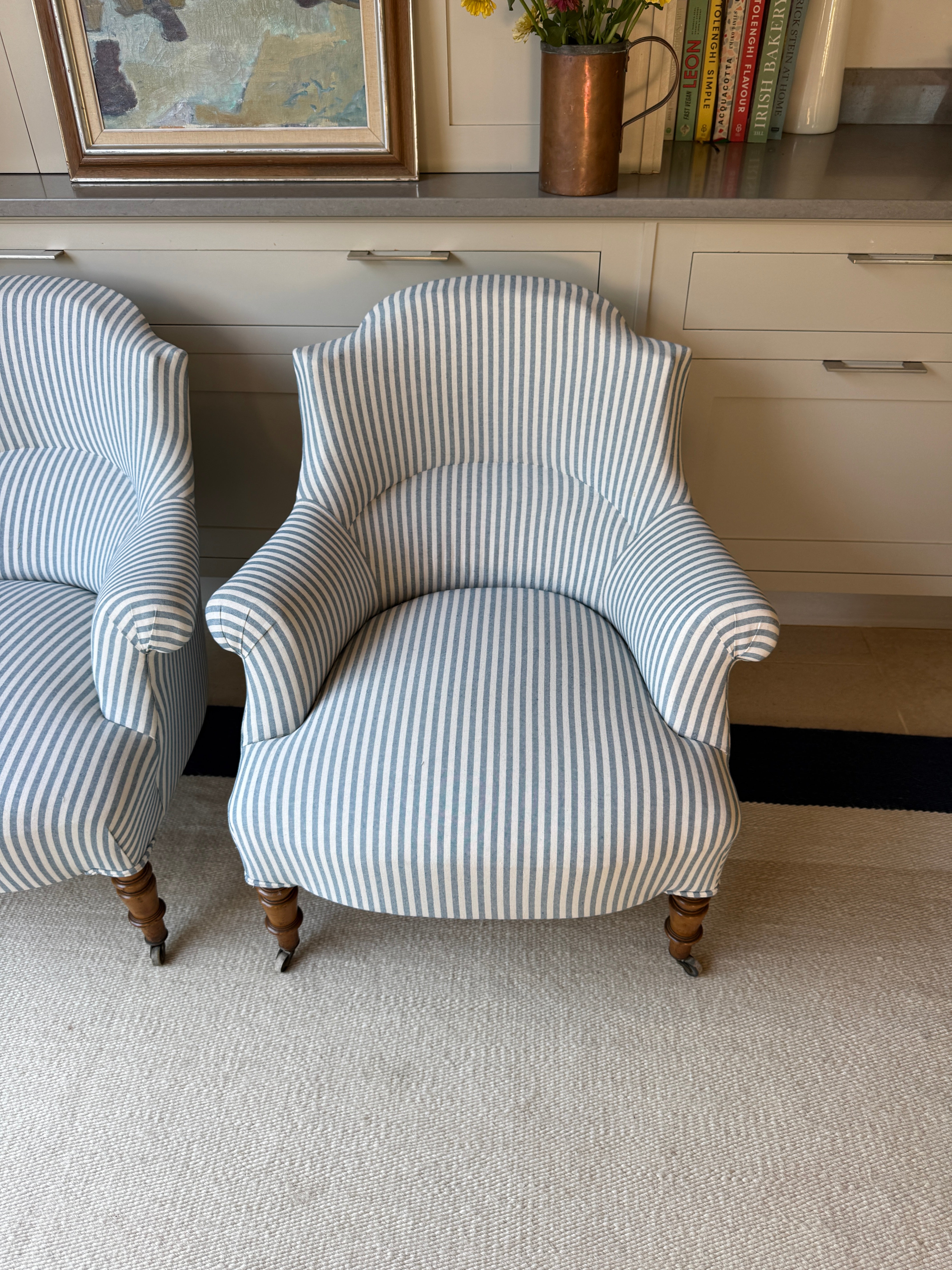Pair of French Tub Chairs in Blue Ticking