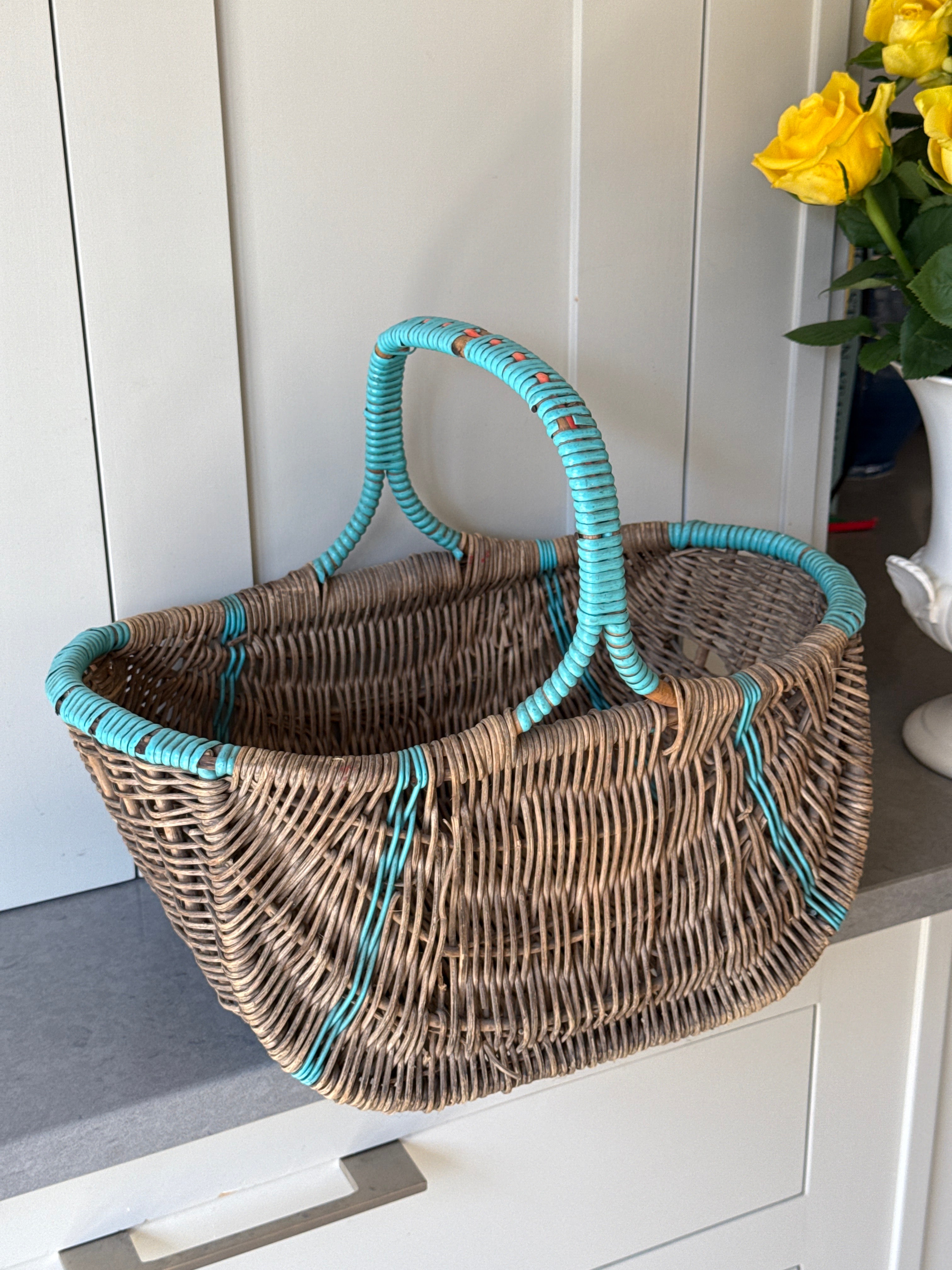 Vintage Wicker Basket with Green Accent