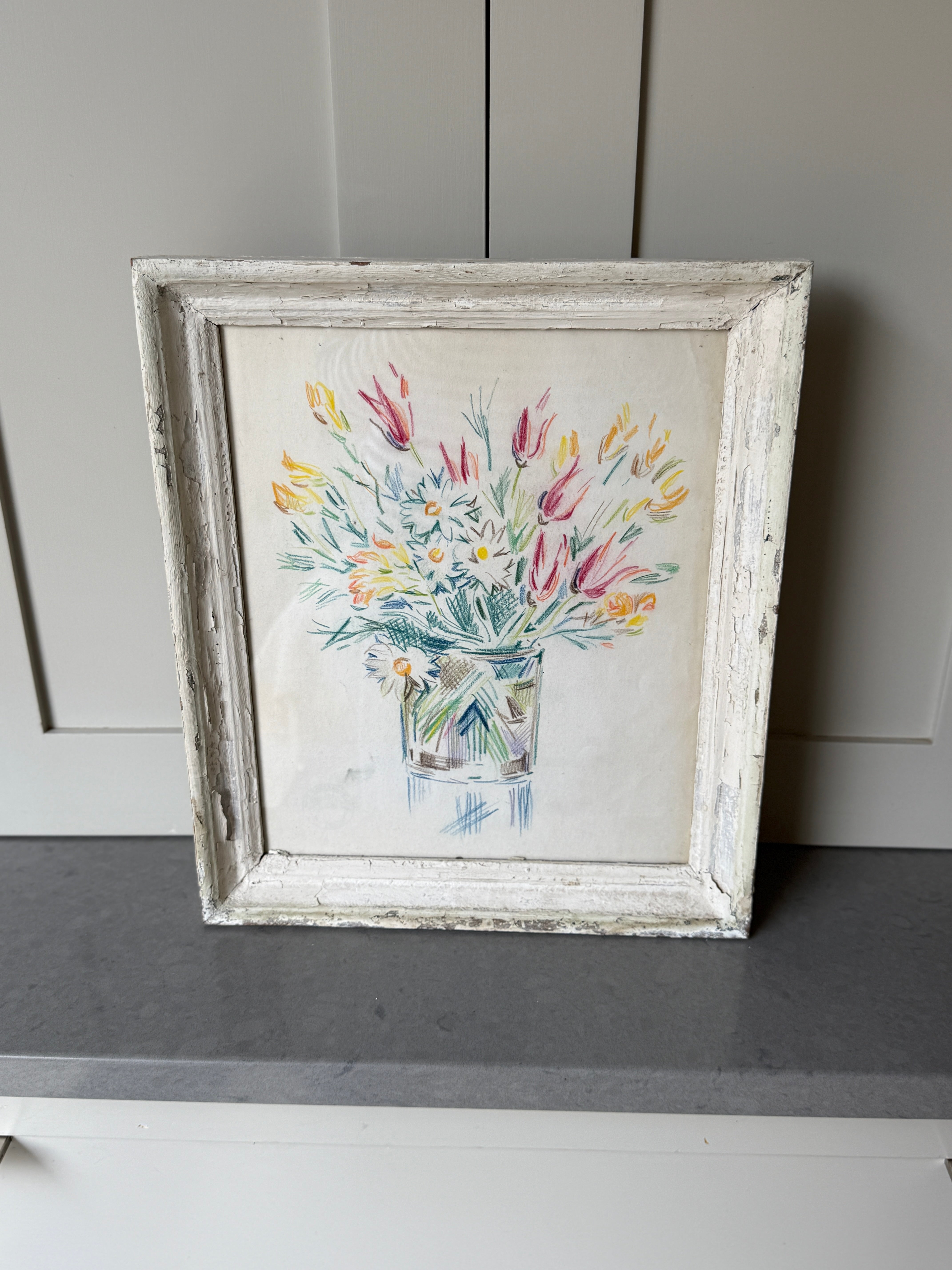 French Mid Century Frame Pencil Drawing