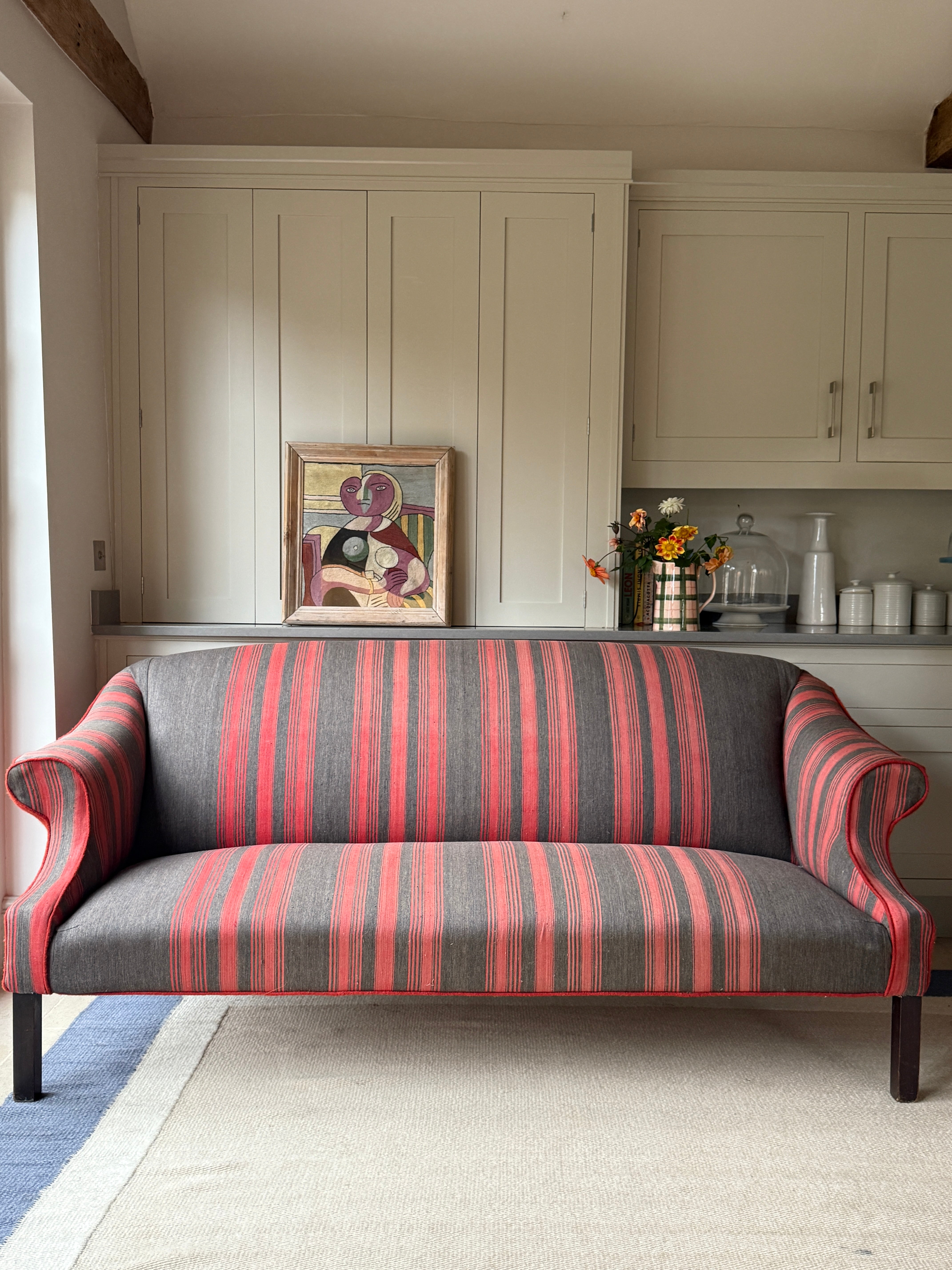 Large Antique English Sofa upholstered in an French Antique Textile