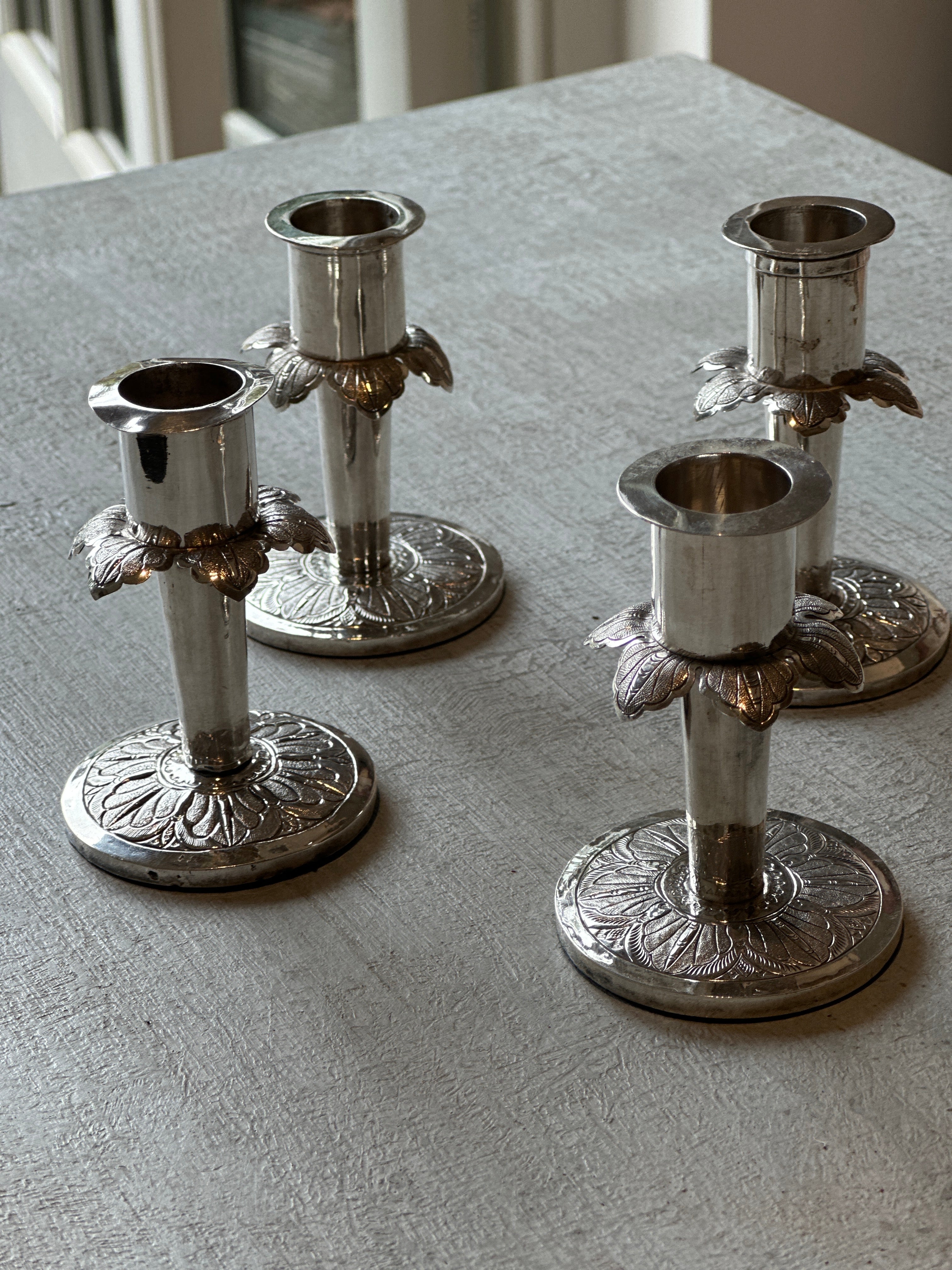 Charming Set of 4 Continental Silver Candlesticks with Petal Design
