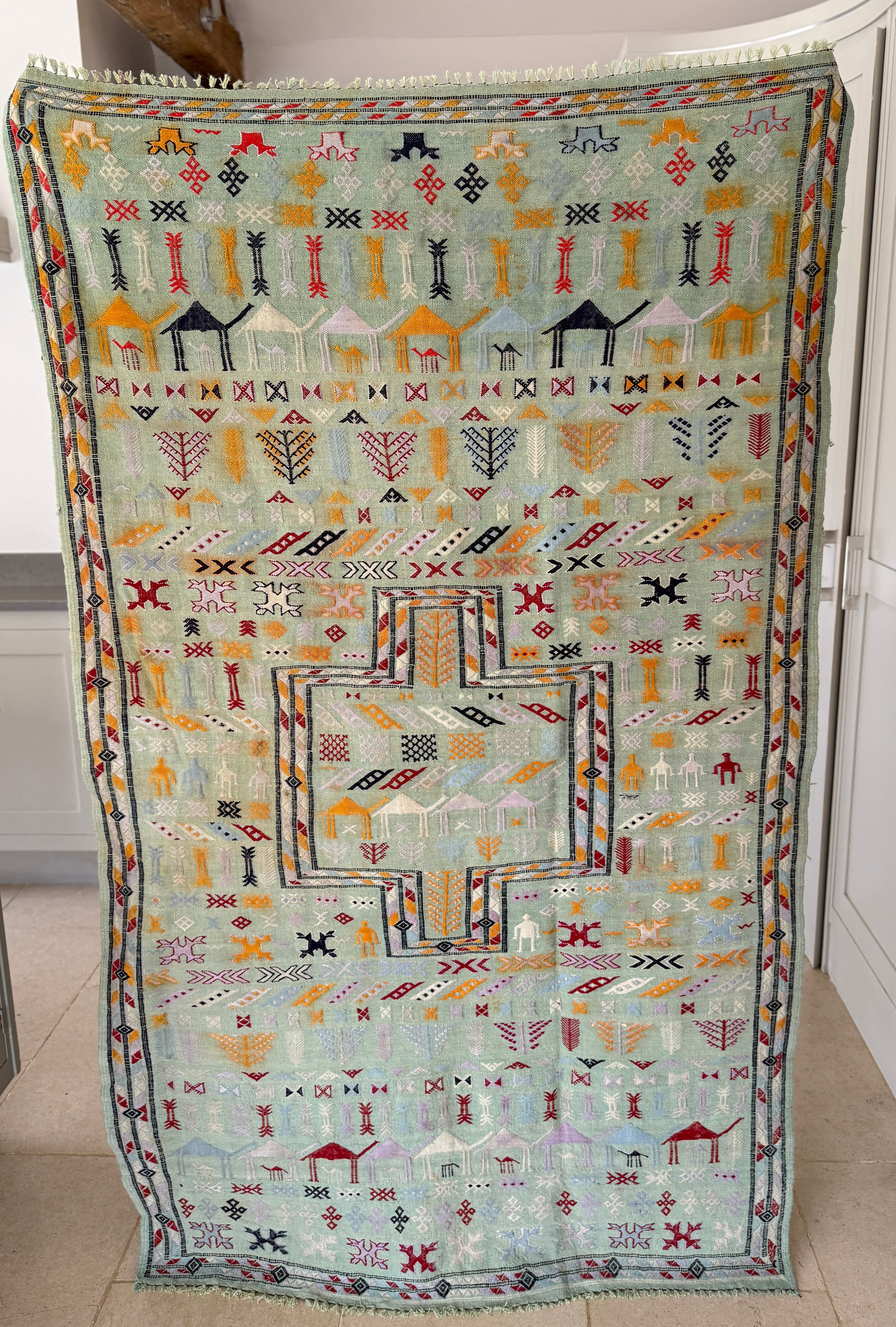 Vintage Pale Blue Moroccan Kilim with polychrome motifs