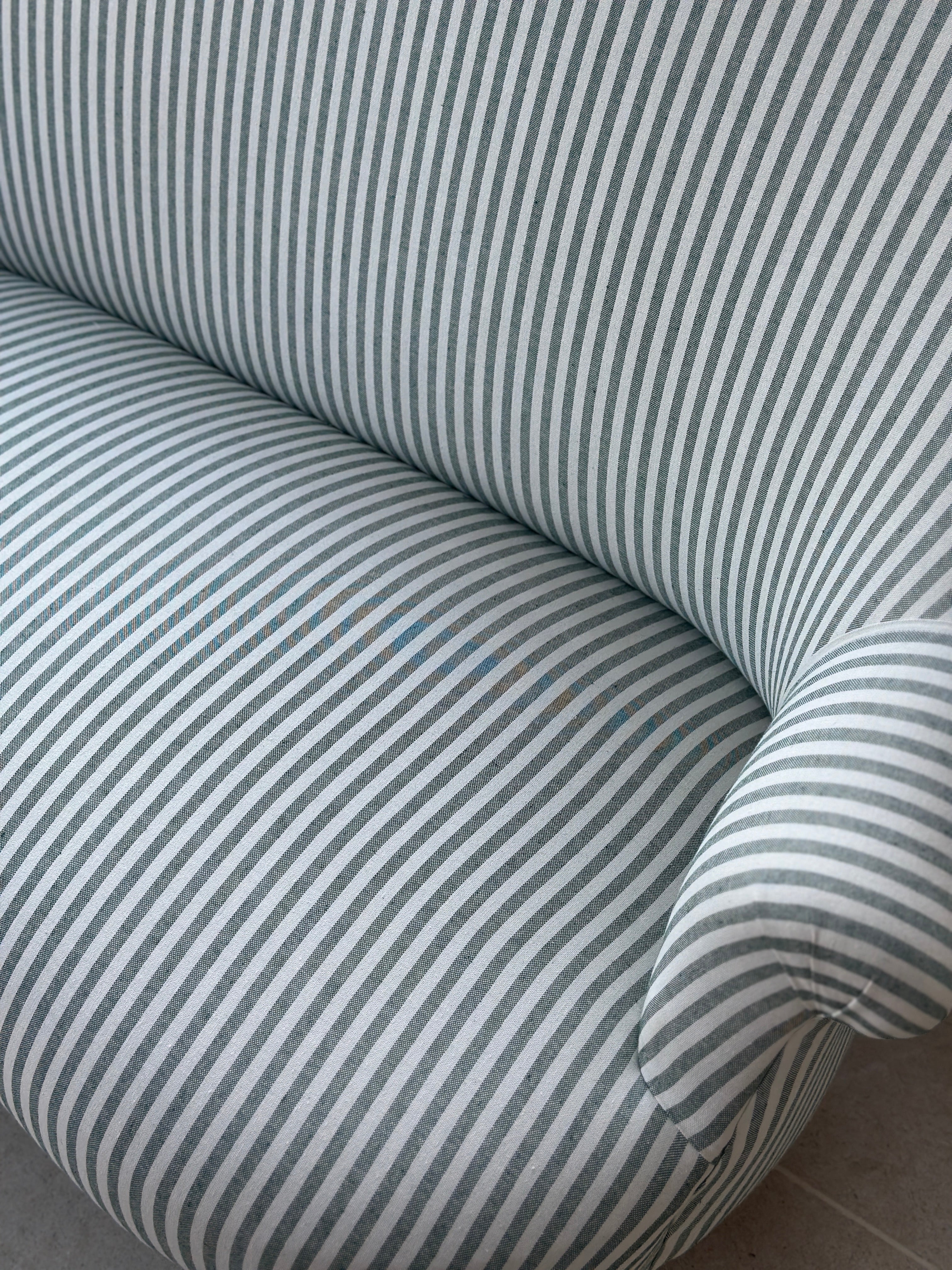 Small French 2 Seat Sofa ‘loveseat’ in green and white ticking