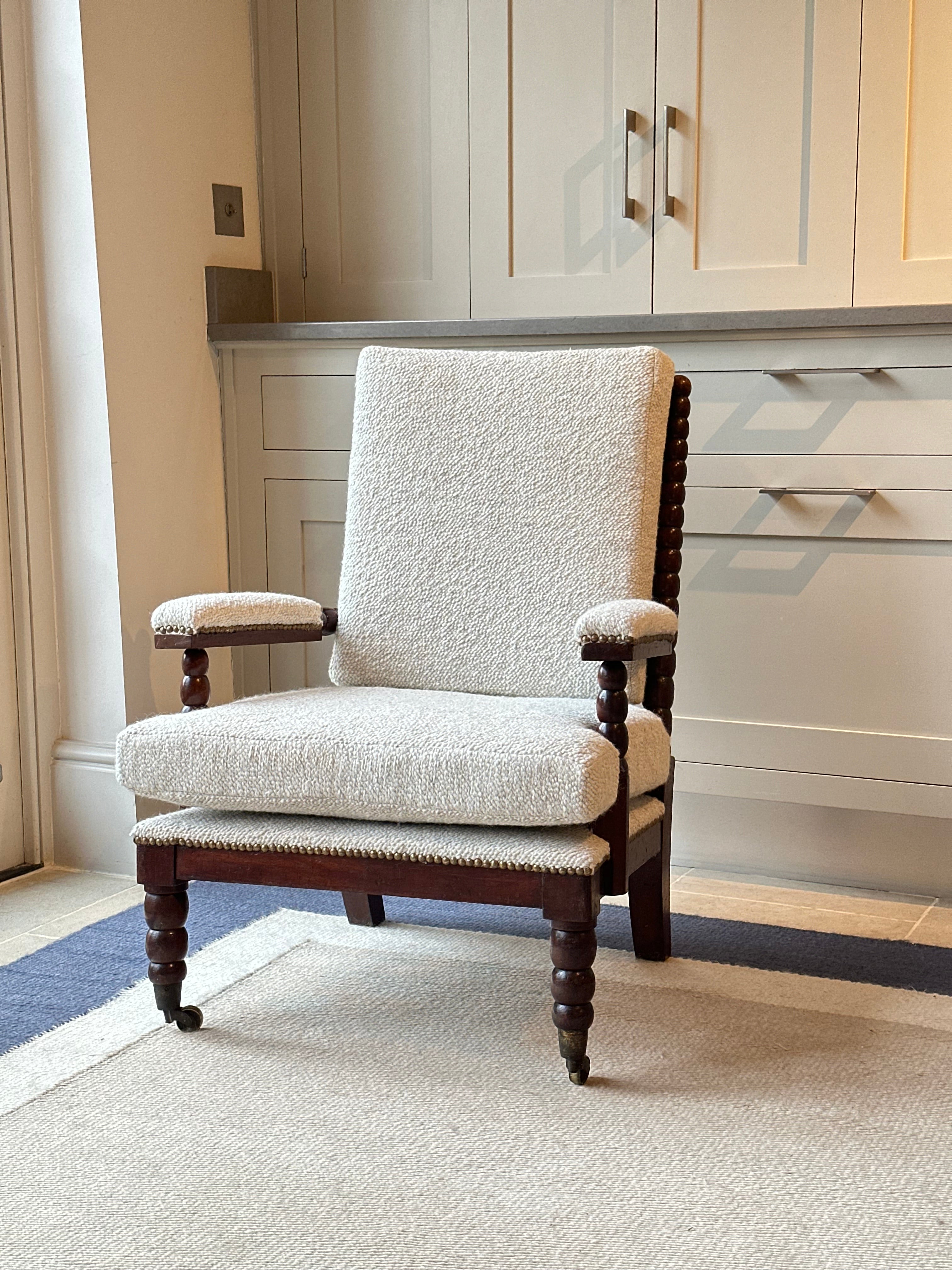 Early C20th Bobbin Turned Open Chair in soft oatmeal coloured wool