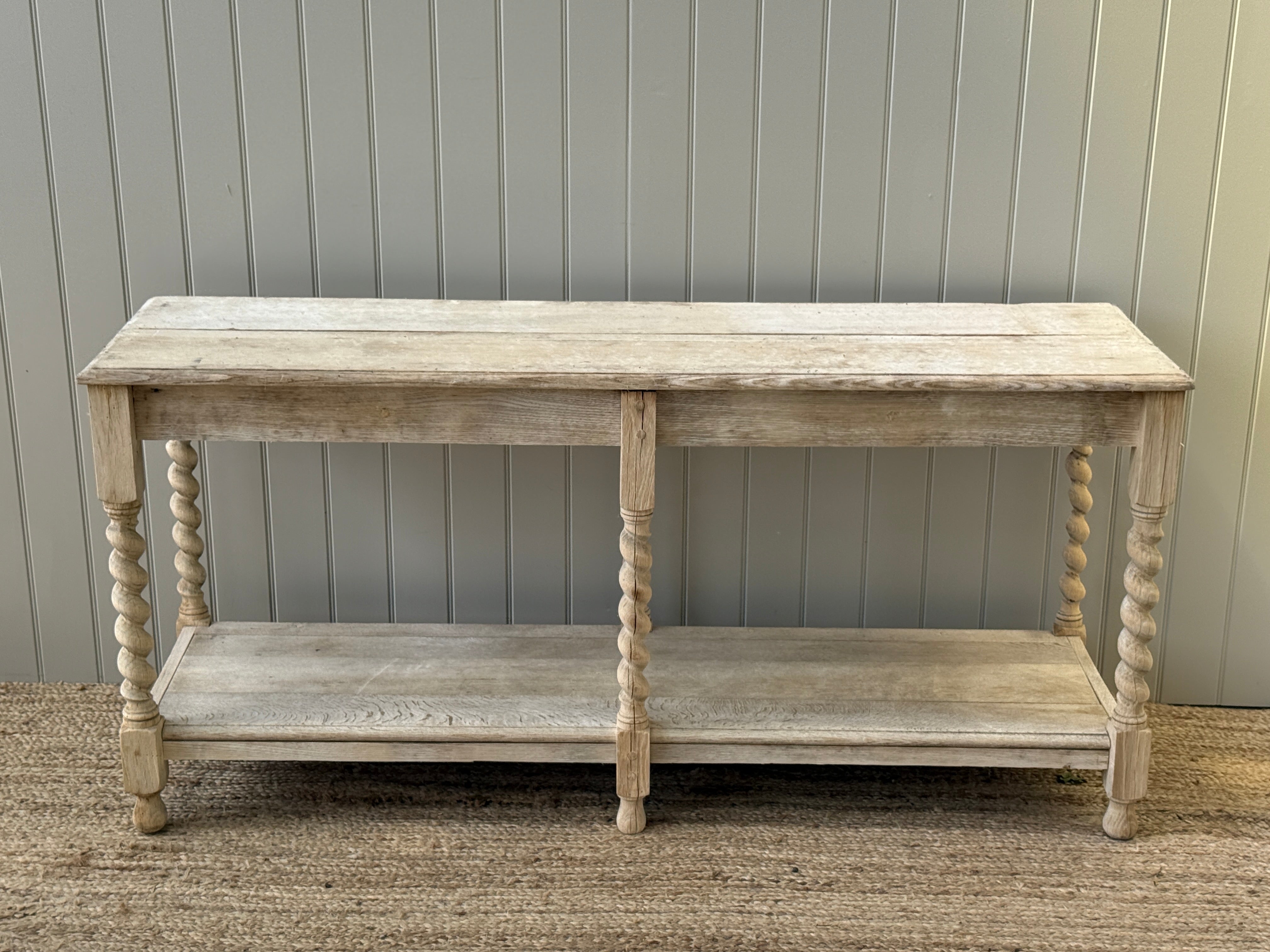 French Bleached Oak Two-Tier Console Table with Barley Twist Supports