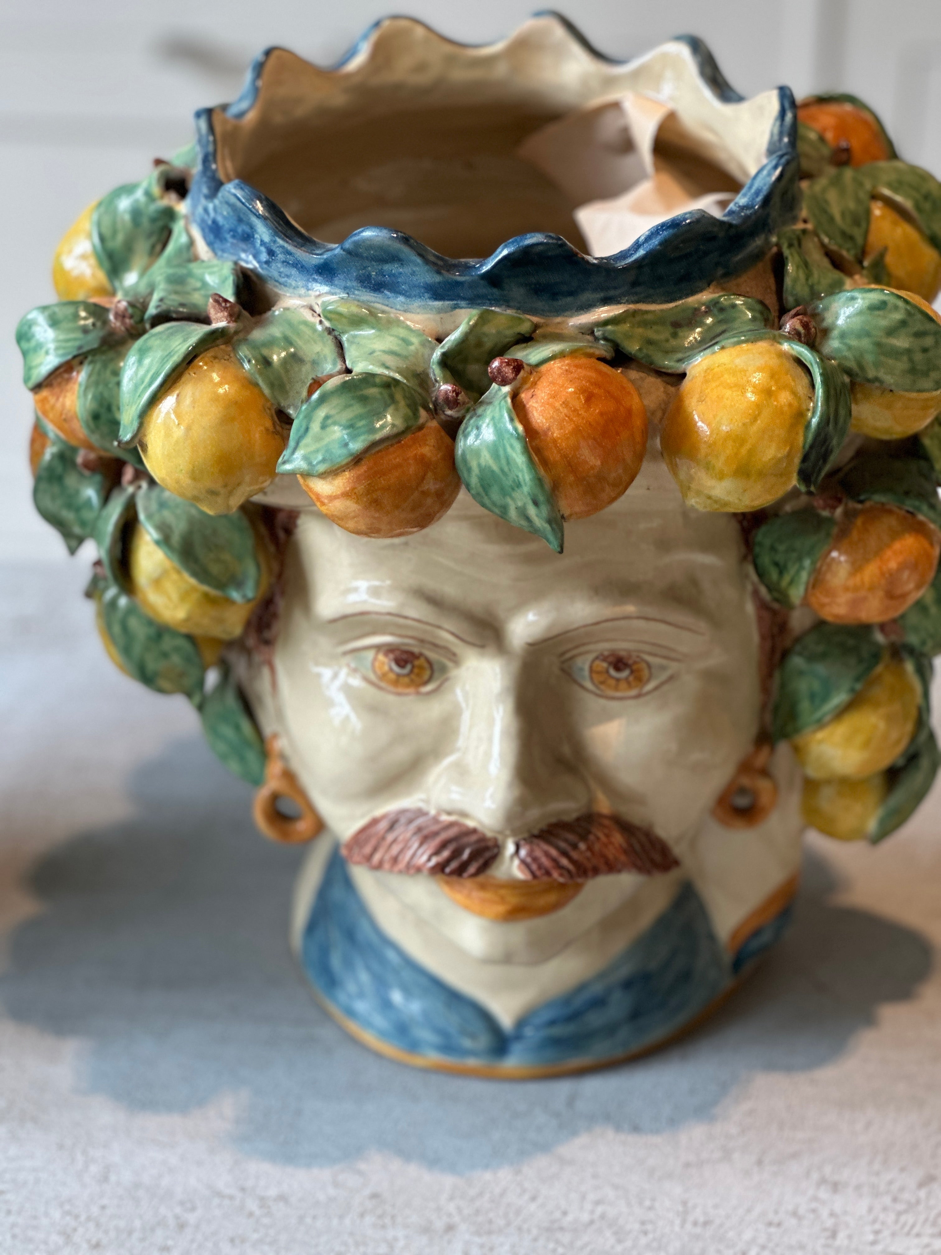 Large Pair of Vintage Sicilian Moor Heads with lemon and orange headdress.