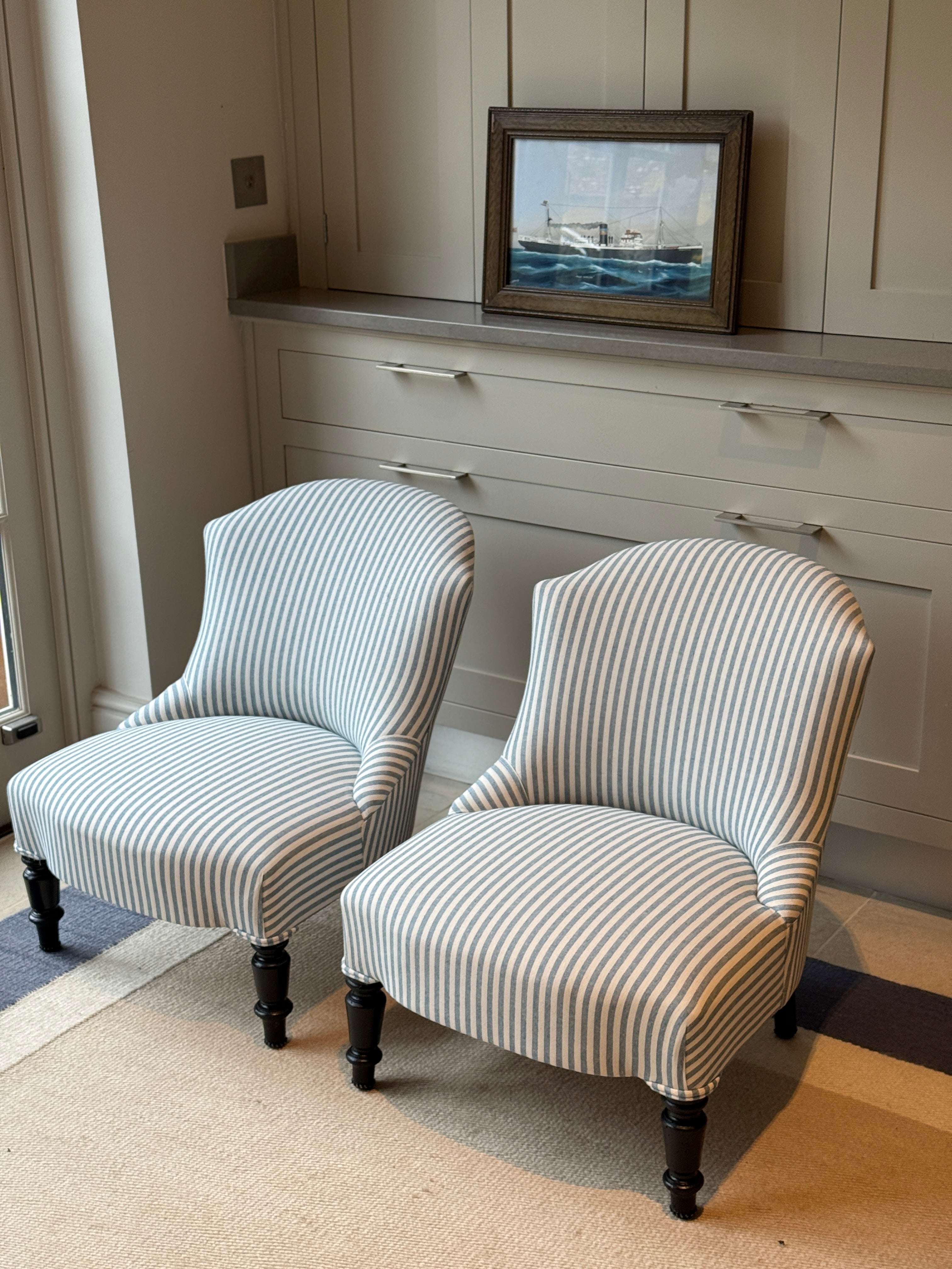 Pair of French 19th Century Slipper Chairs in blue ticket