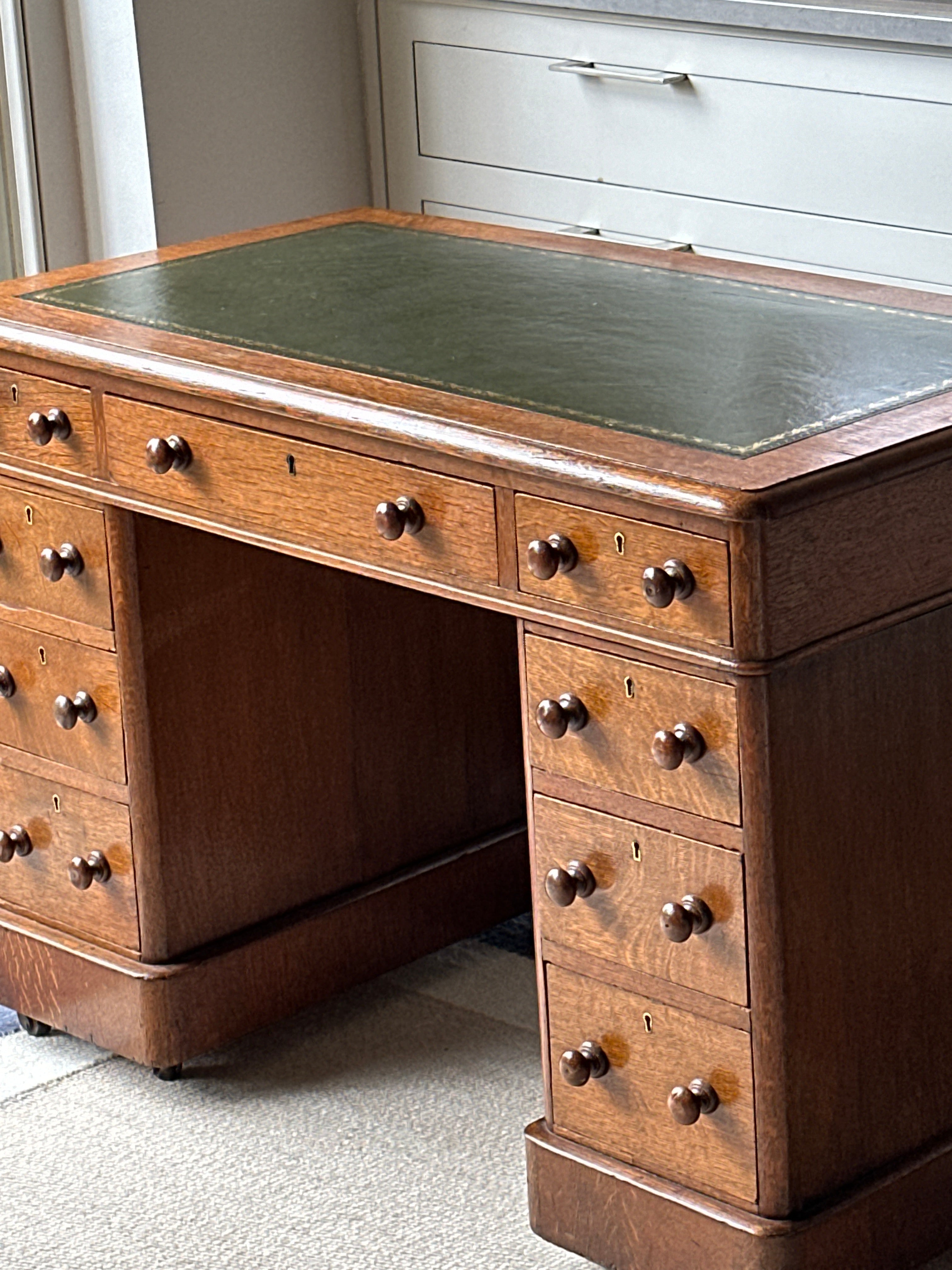 Charming Small Oak Desk with Green Leather Top