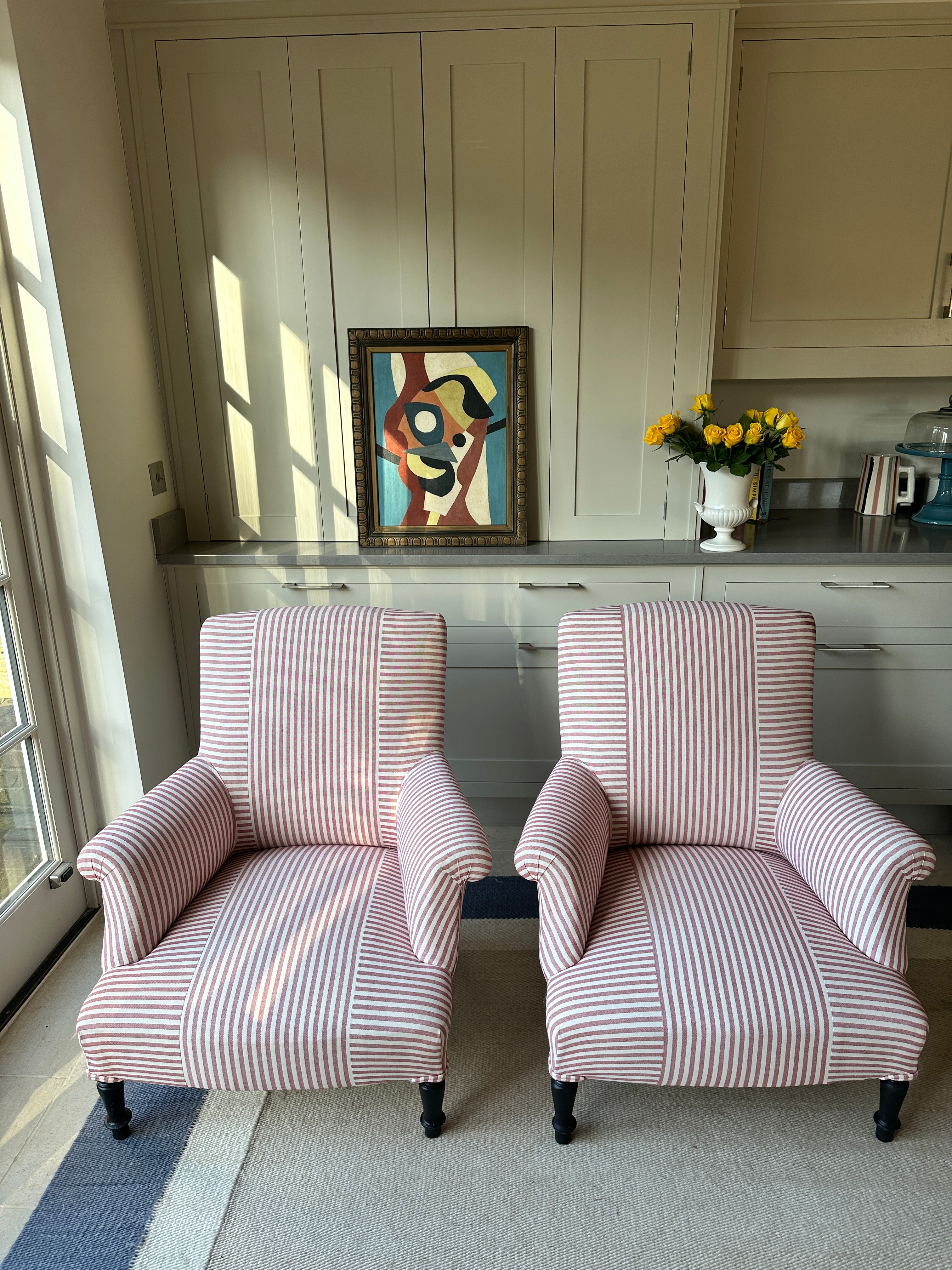 Pair of Napoleon III Squareback chairs in Red ticking Criss Cross
