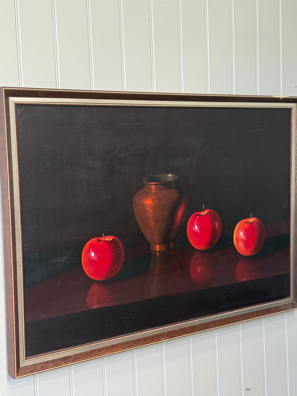 Still life oil painting in a dark, dramatic, almost Dutch Golden Age manner