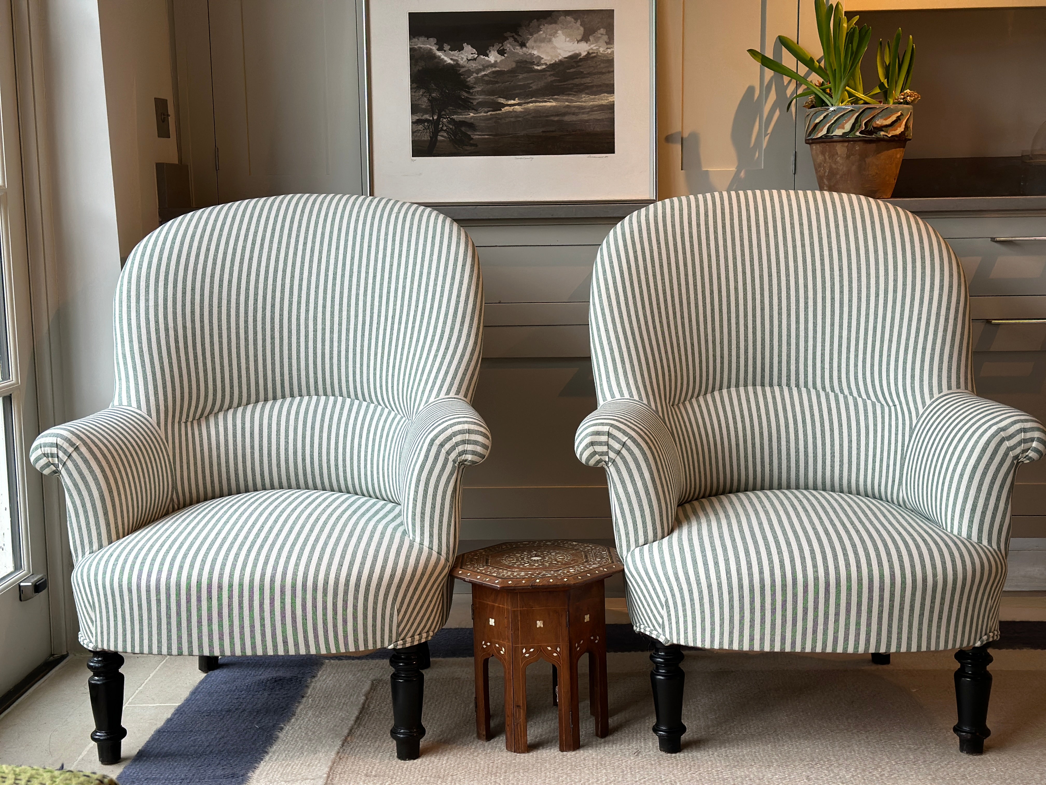 Large Pair of French Tub Chairs with Dark Green Ticking
