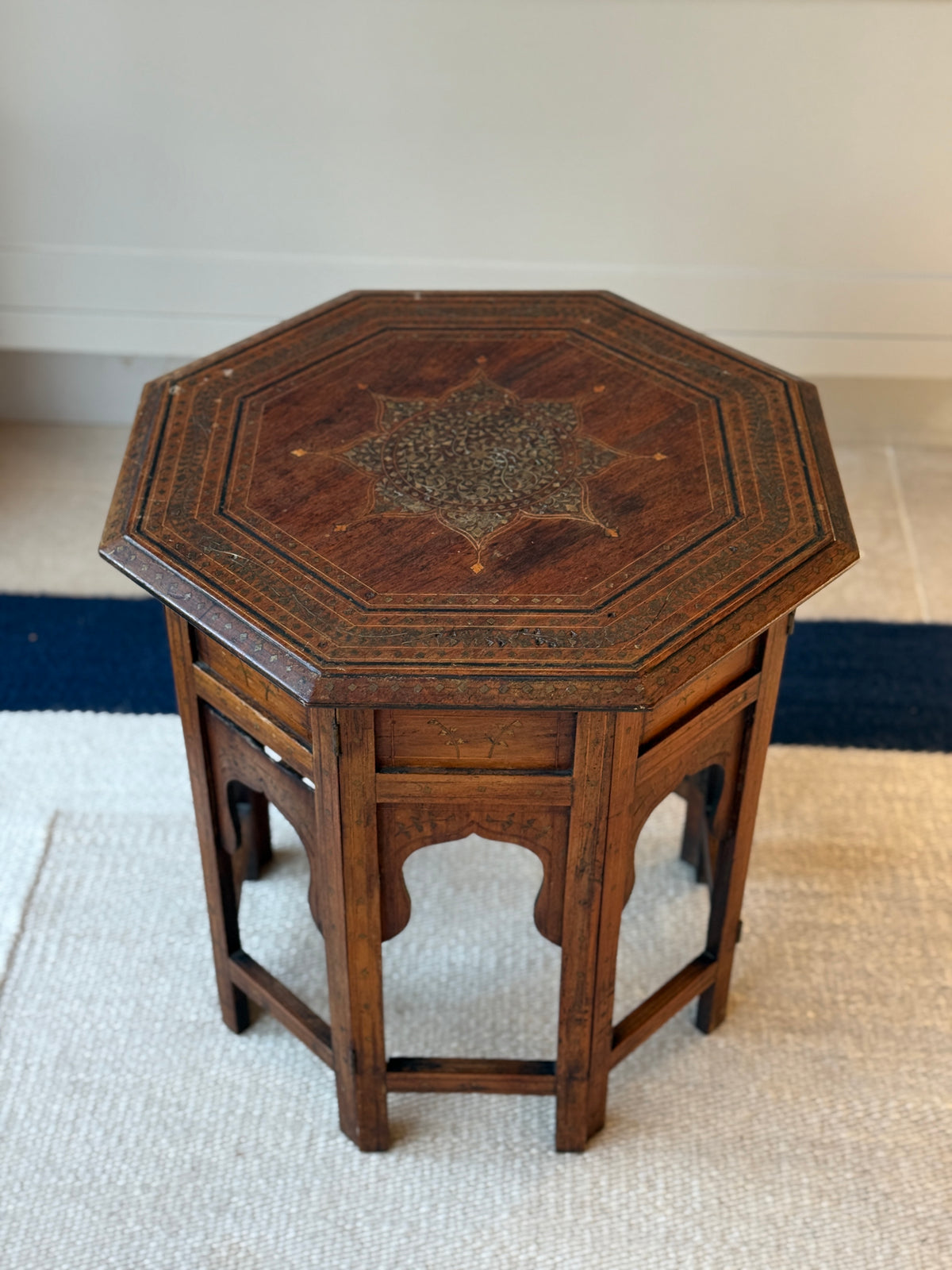 Antique Anglo-Indian Octagonal Folding Table with Brass Inlay