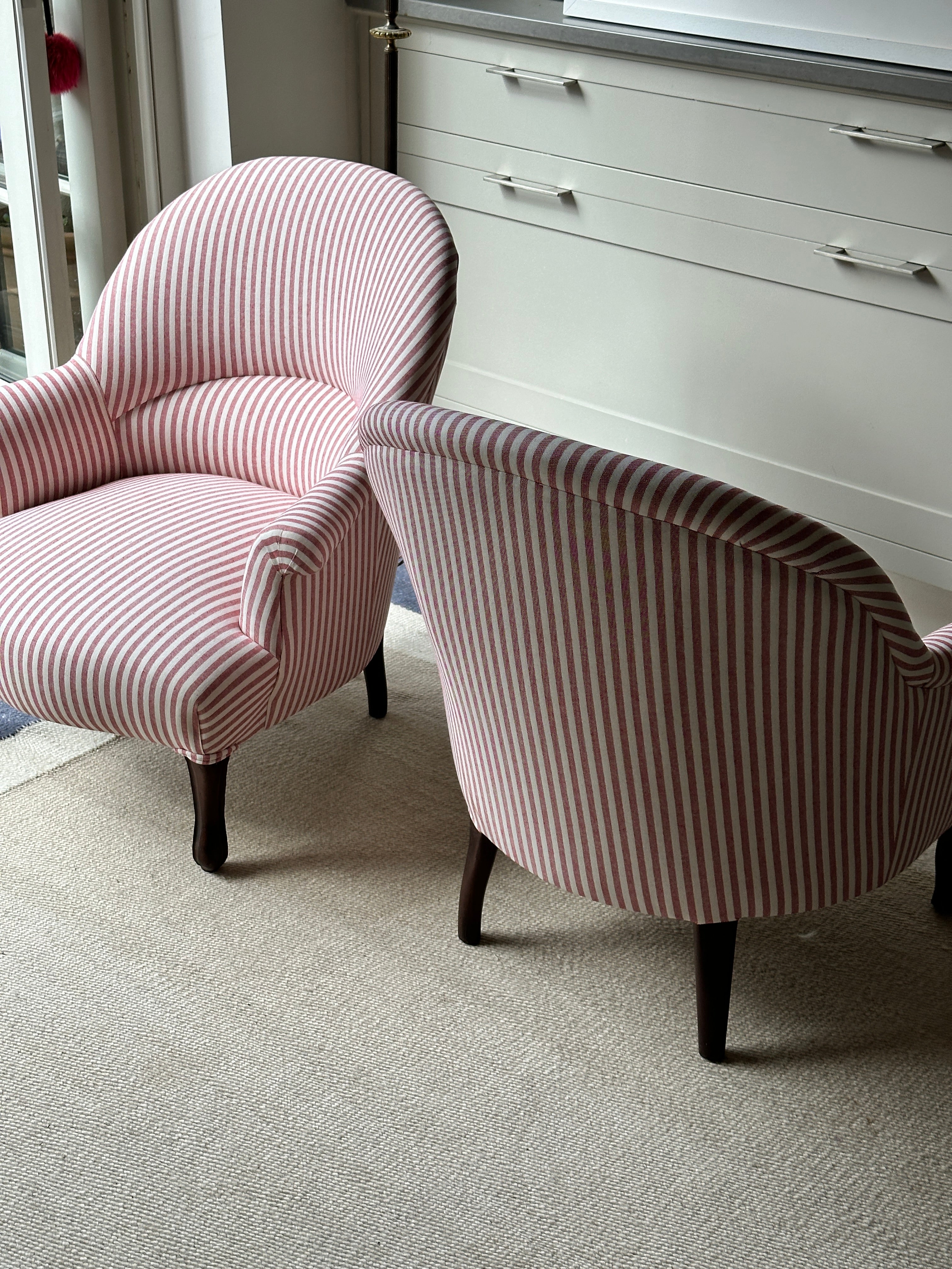 C19th French Crapaud Tub Chairs in Red and White Ticking