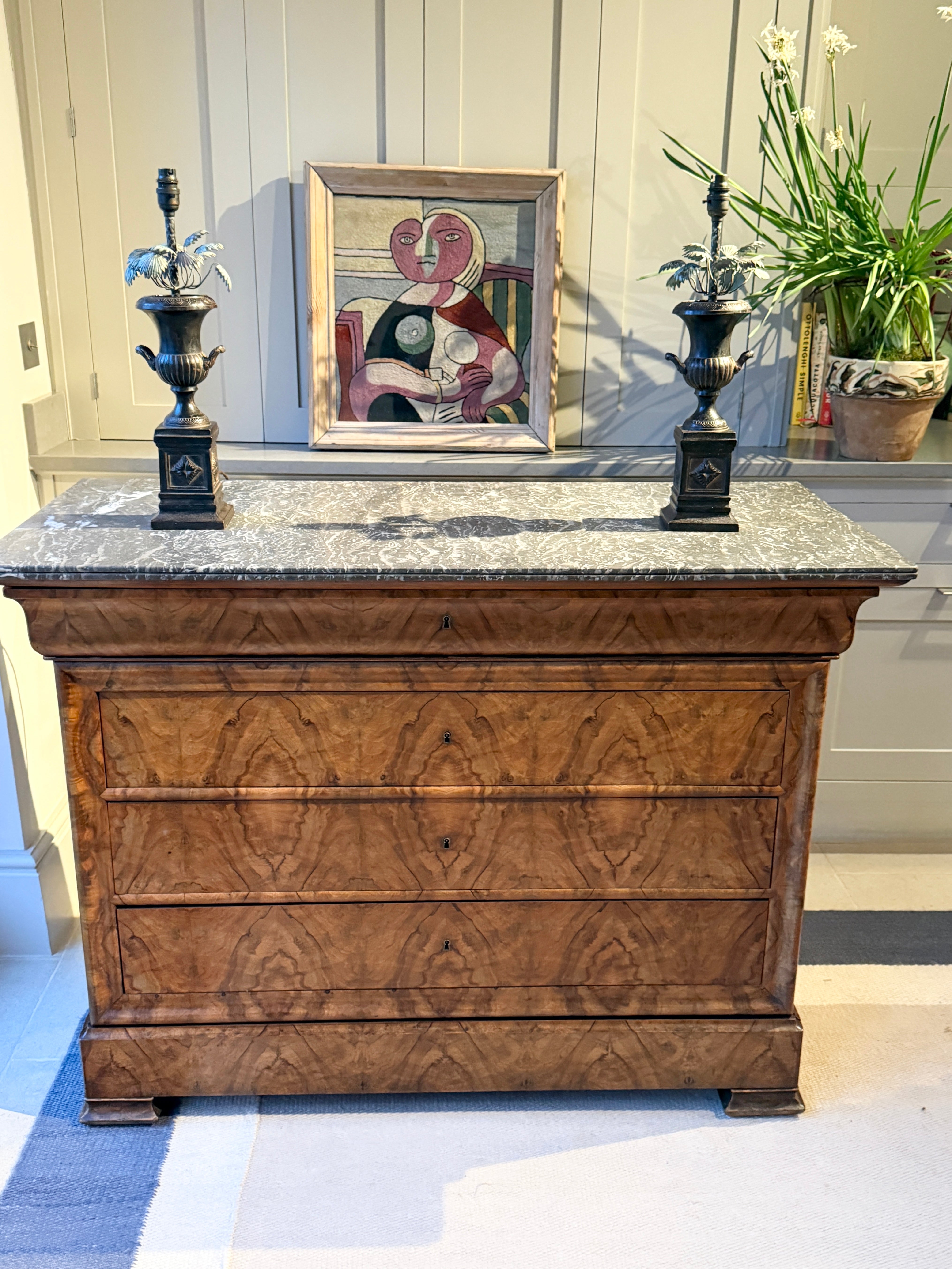 French Louis-Philippe walnut commode with grey marble top, circa 1835–1848