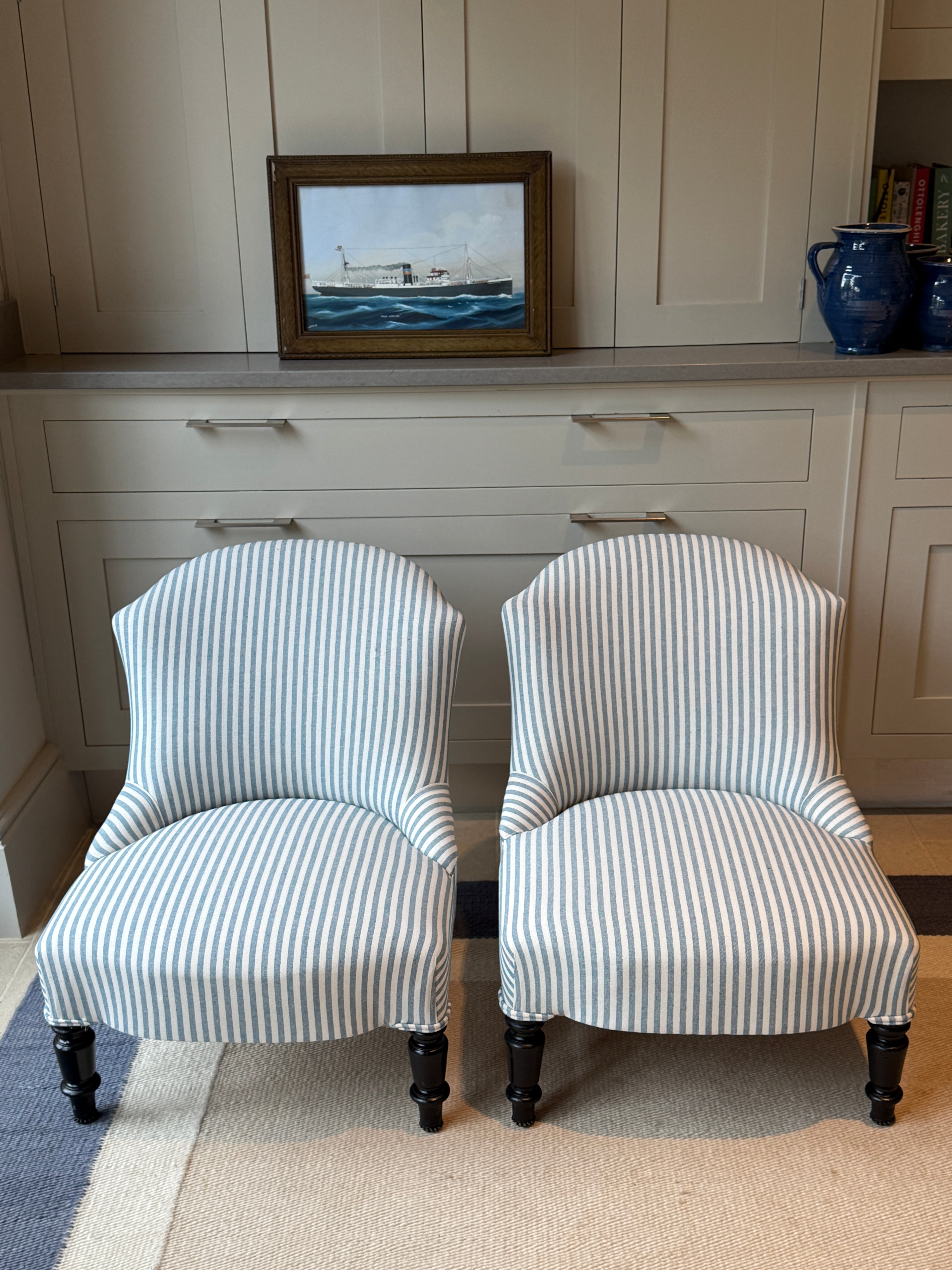 Pair of French 19th Century Slipper Chairs in blue ticket