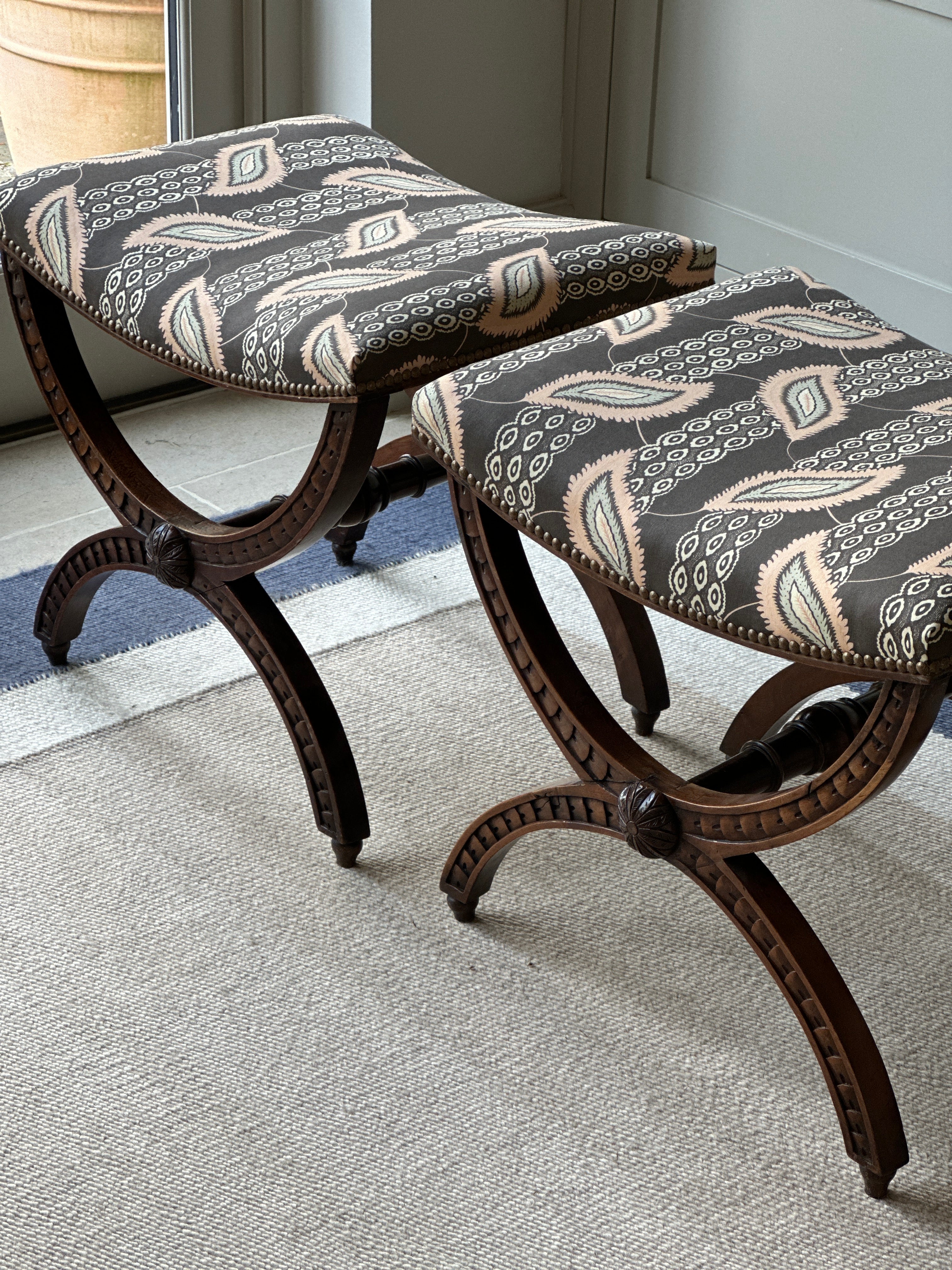 Pair of English X Frame Footstools in John Stefanidis Josephine