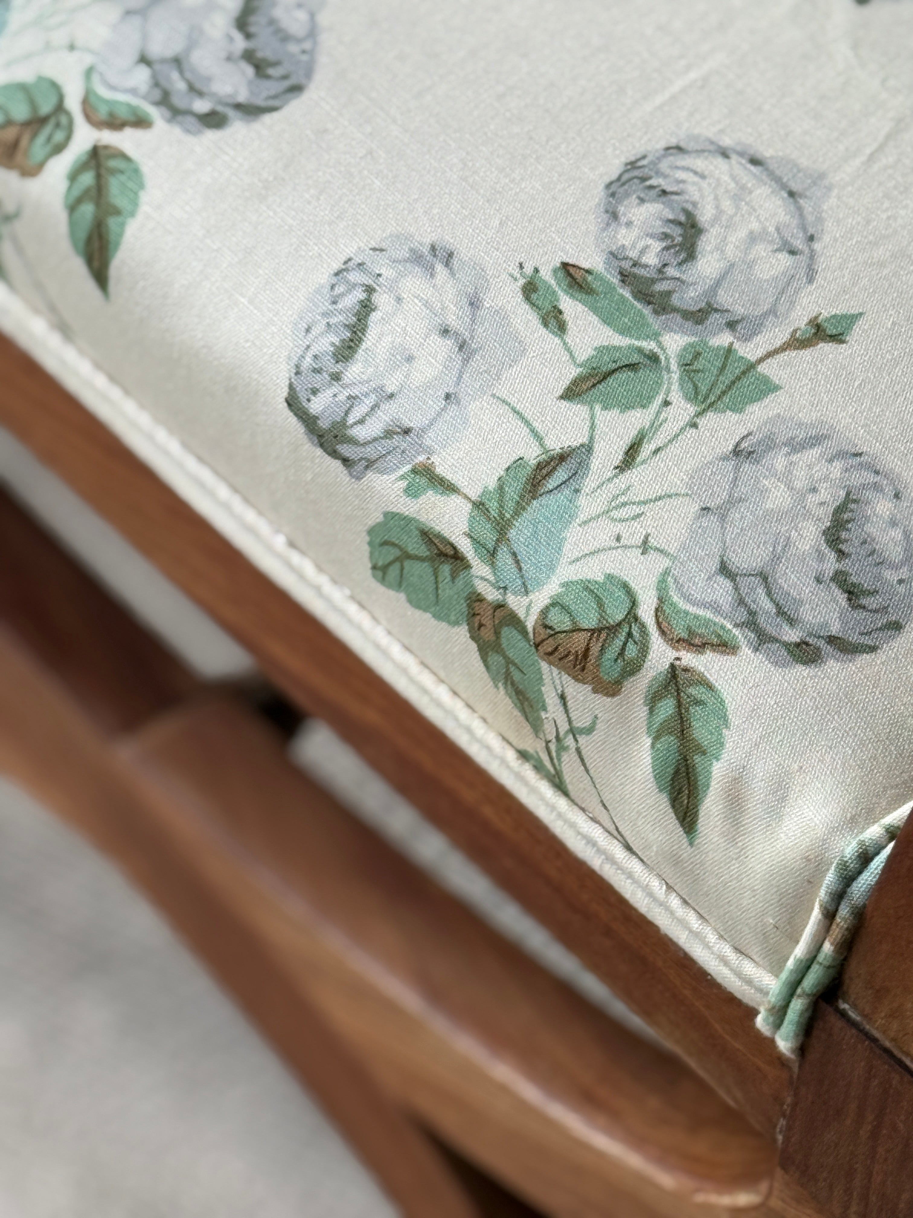 Pair of Bleached Mahogany X Frame Stools Upholstered in Colefax and Fowler Bowood