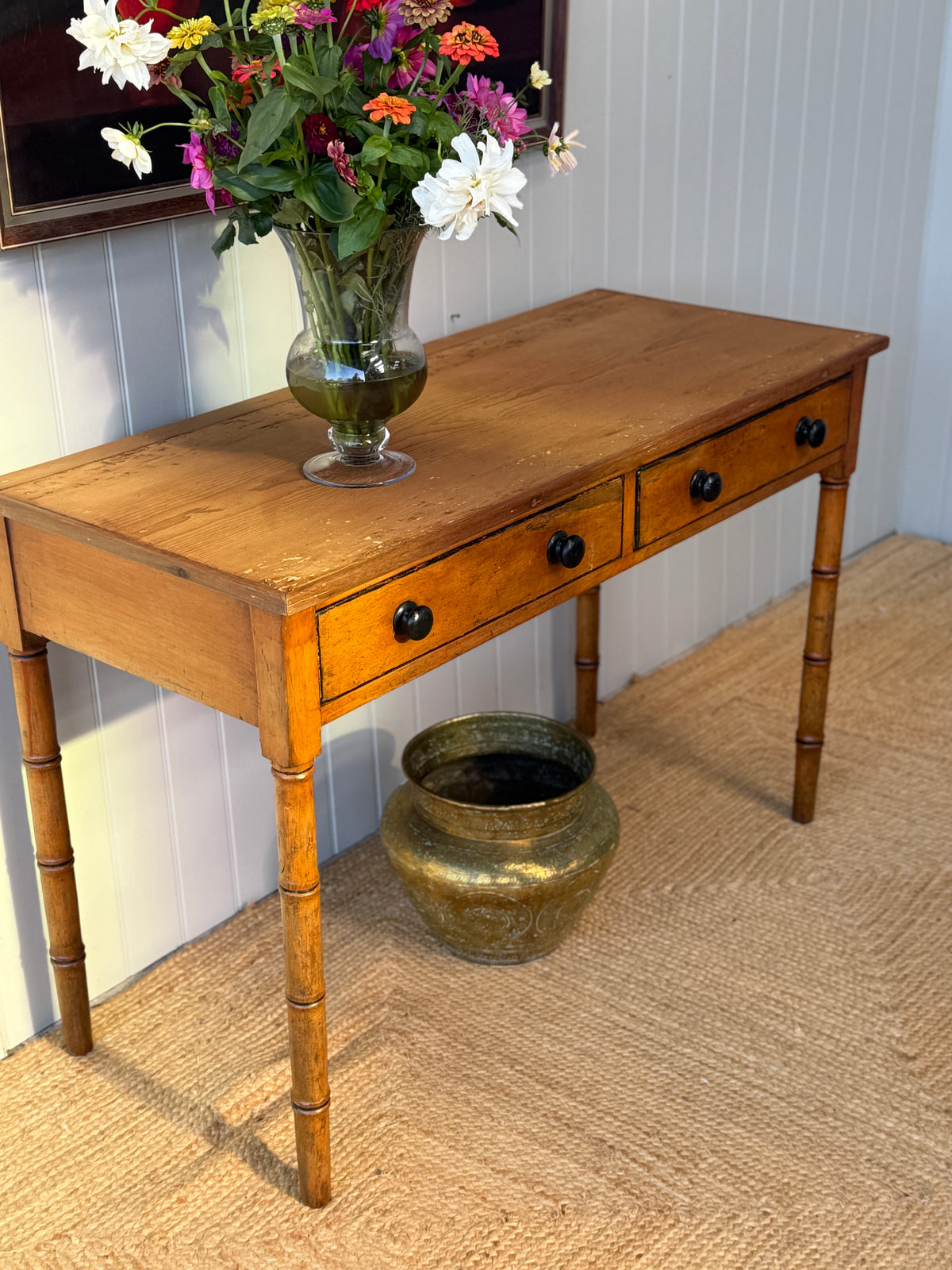 Regency Pine Side Table with Faux Bamboo Legs and Two Drawers