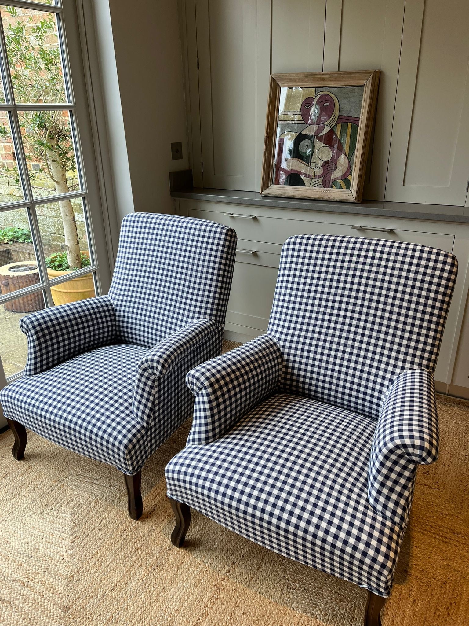 Pair of French Squareback Armchairs in Blue And White Gingham