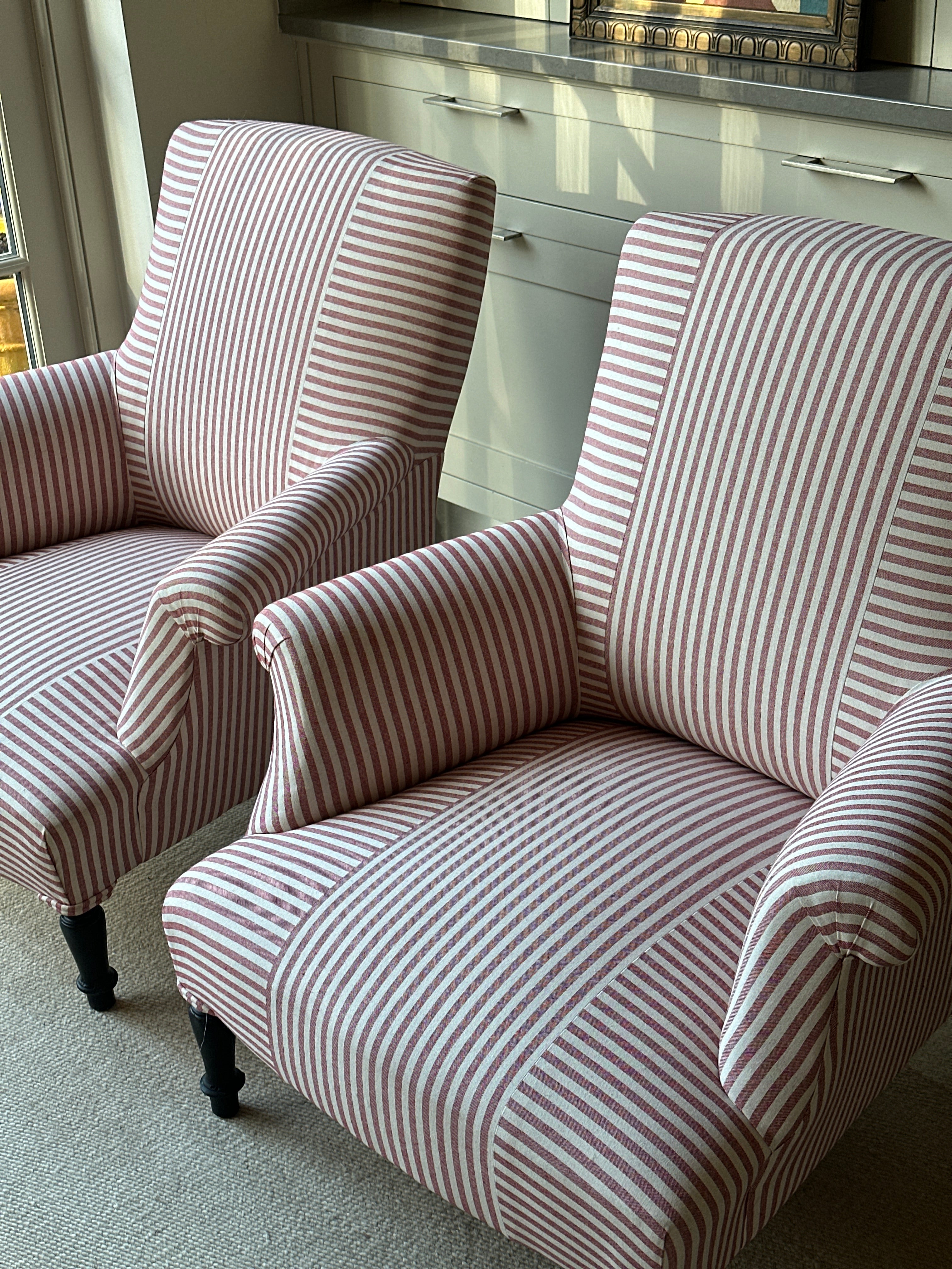 Pair of Napoleon III Squareback chairs in Red ticking Criss Cross