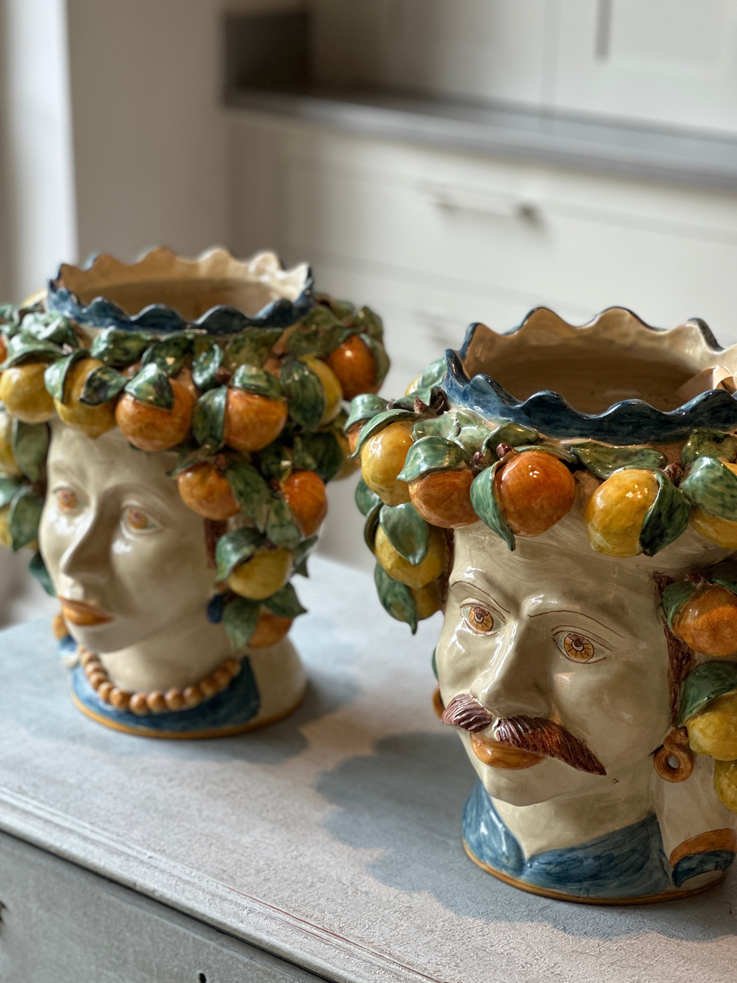 Large Pair of Vintage Sicilian Moor Heads with lemon and orange headdress.