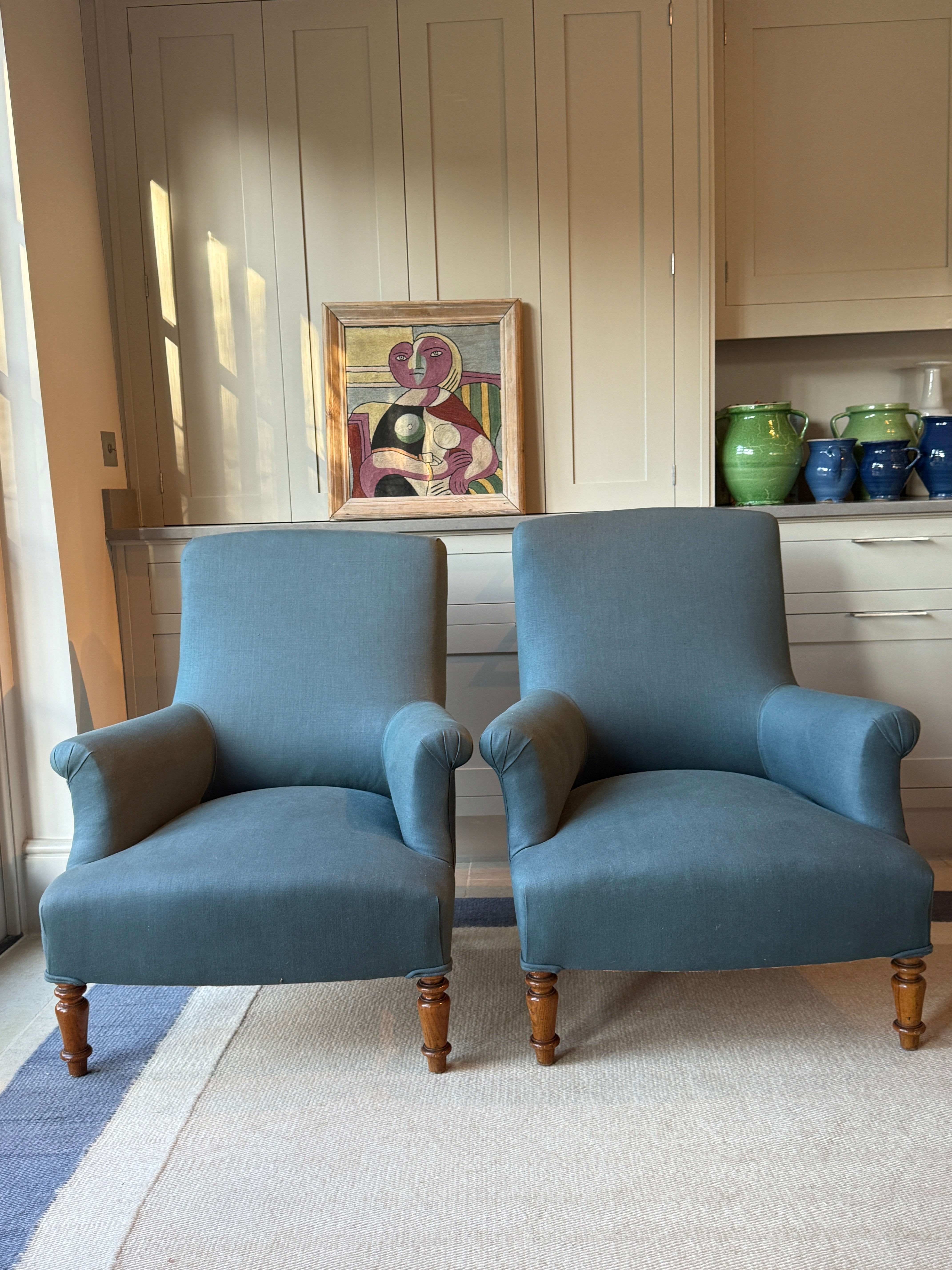 Pair of Armchairs in an RAF blue linen