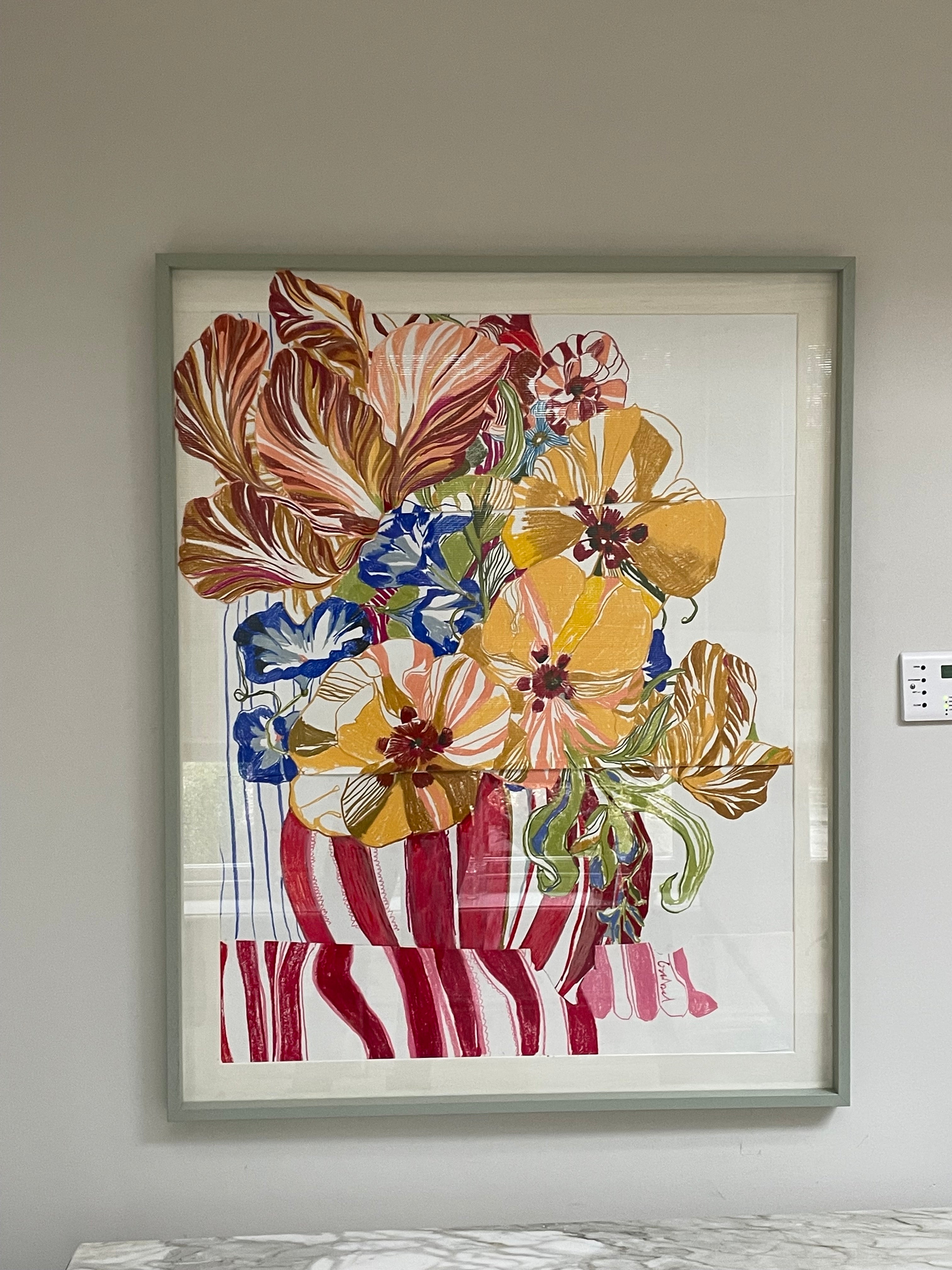 Candy Striped Pot Floral Painting- Oil Pastel Collaged by Isabel Fishlock
