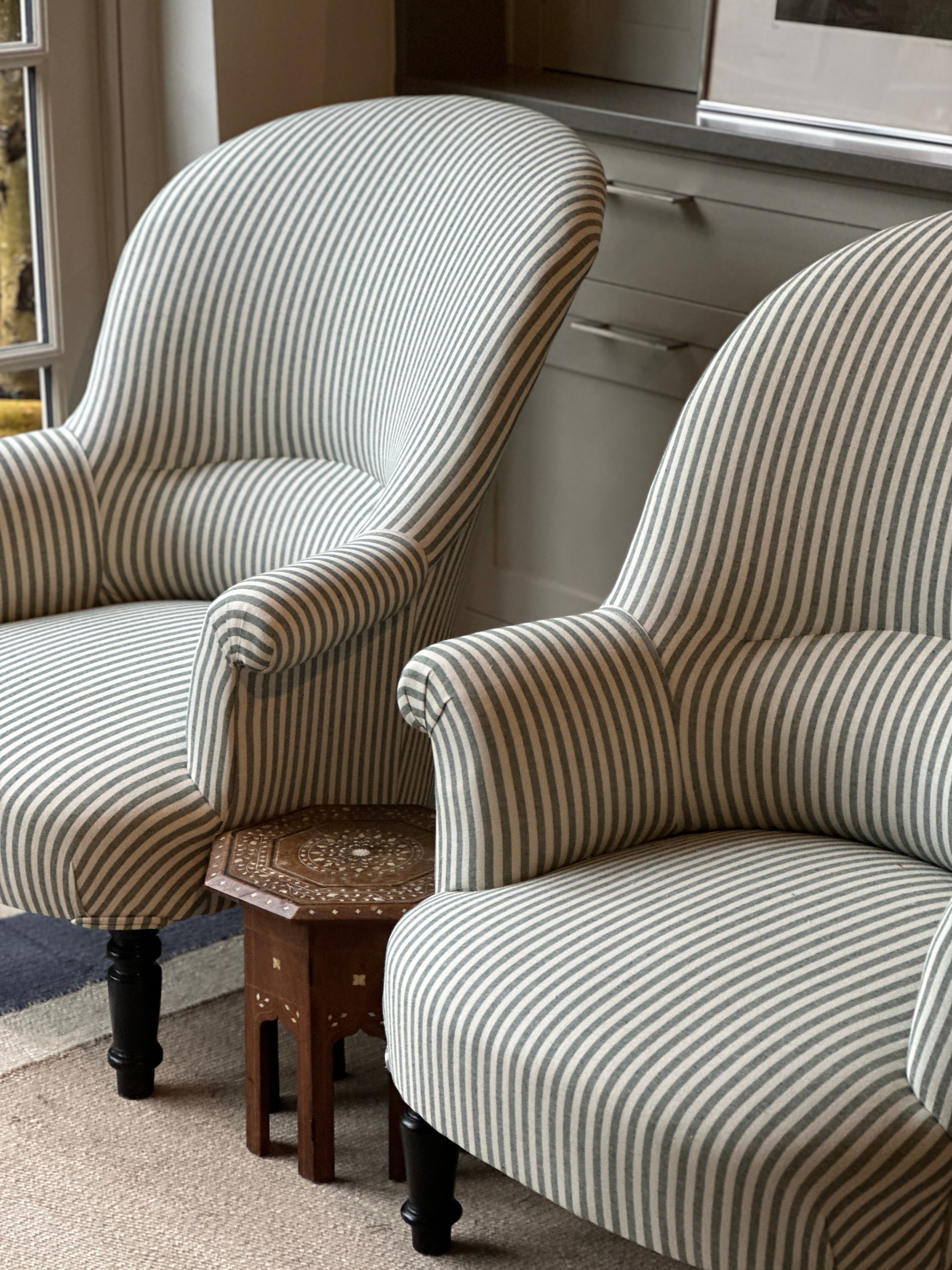 Large Pair of French Tub Chairs with Dark Green Ticking