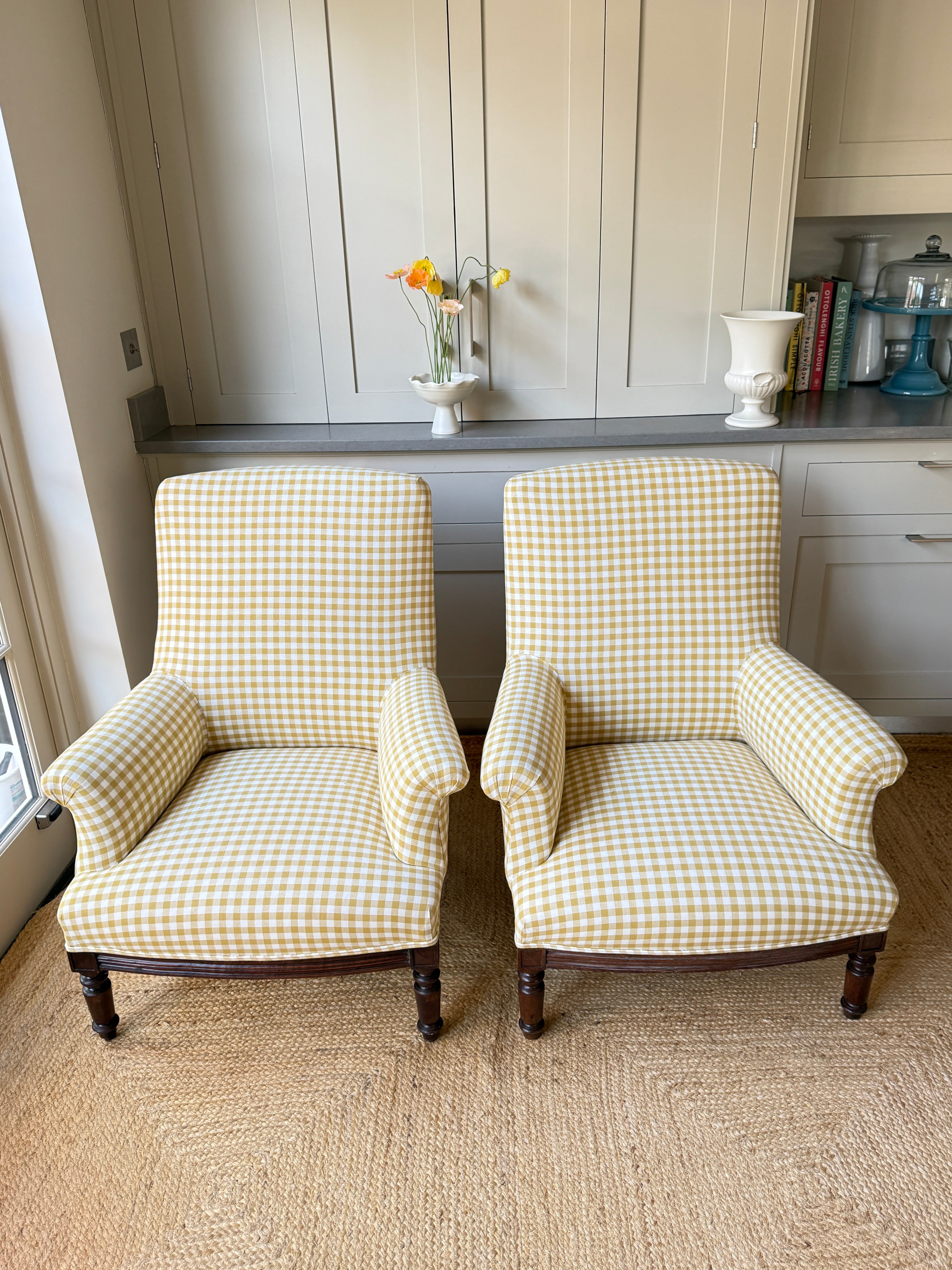 A Pair of Napoleon III Armchairs, Reupholstered in Yellow Gingham