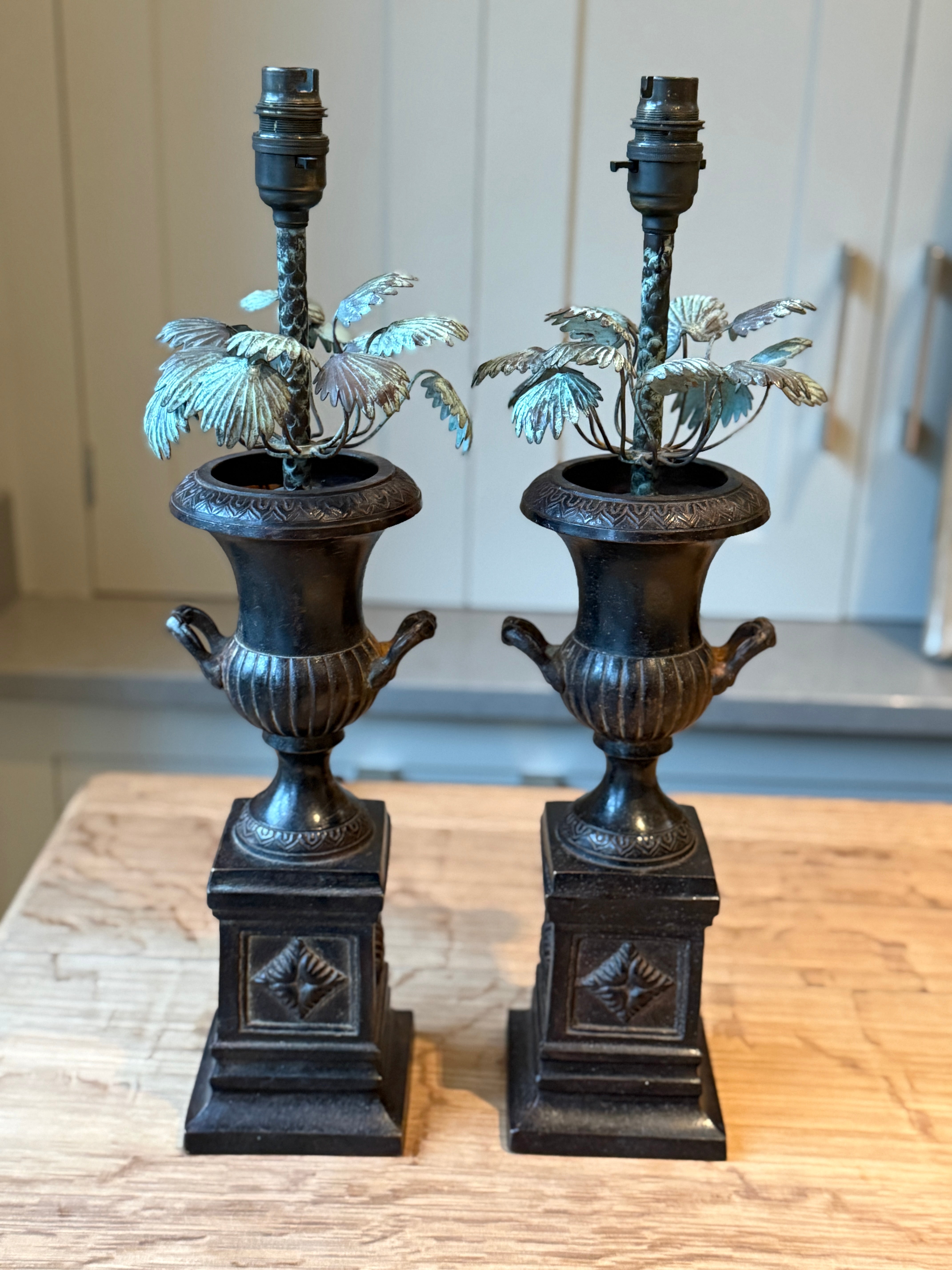 Pair of Cast Iron and Copper Table Lamps