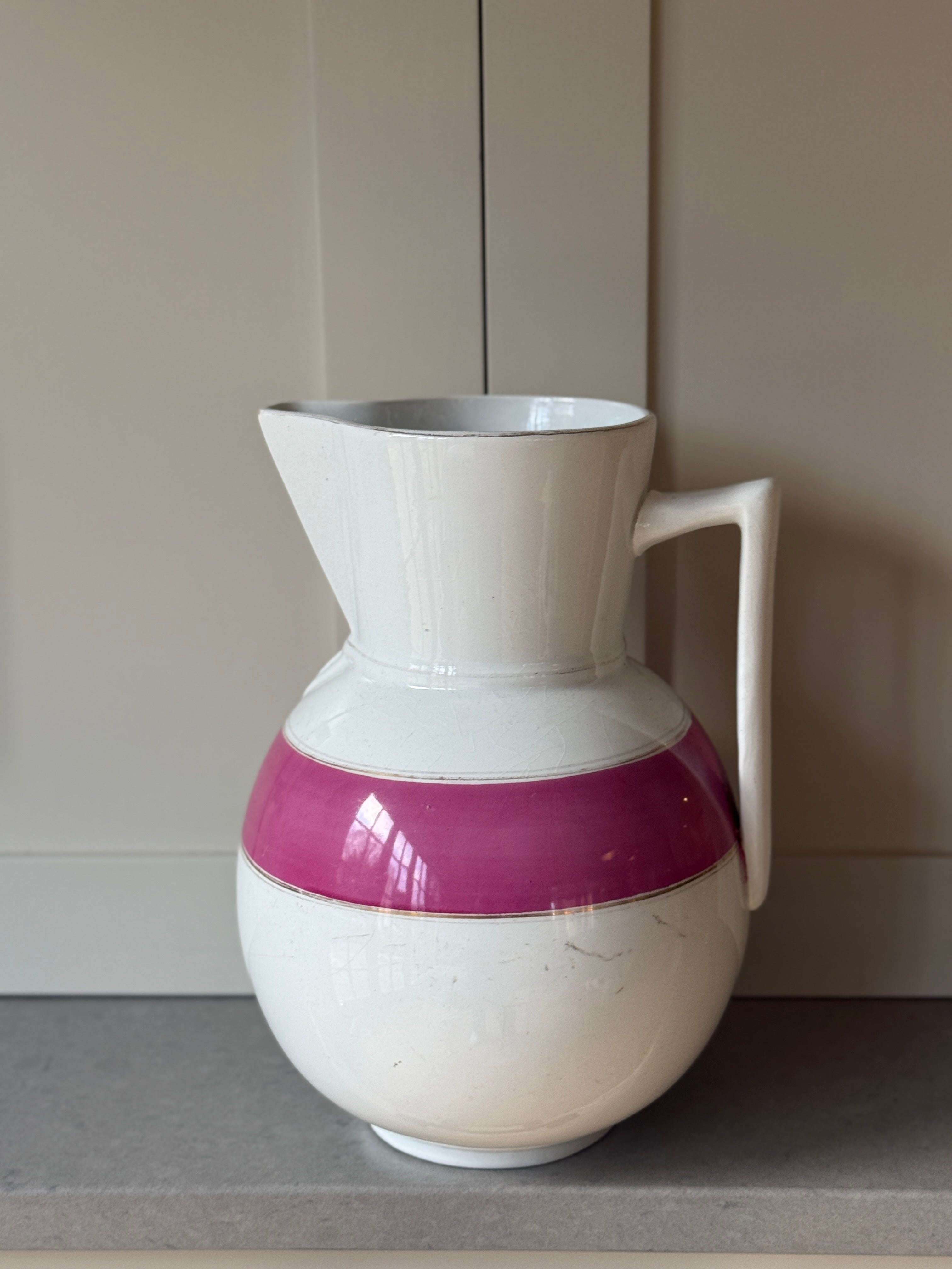 Large Ironstone Jug with Fuschia Stripe