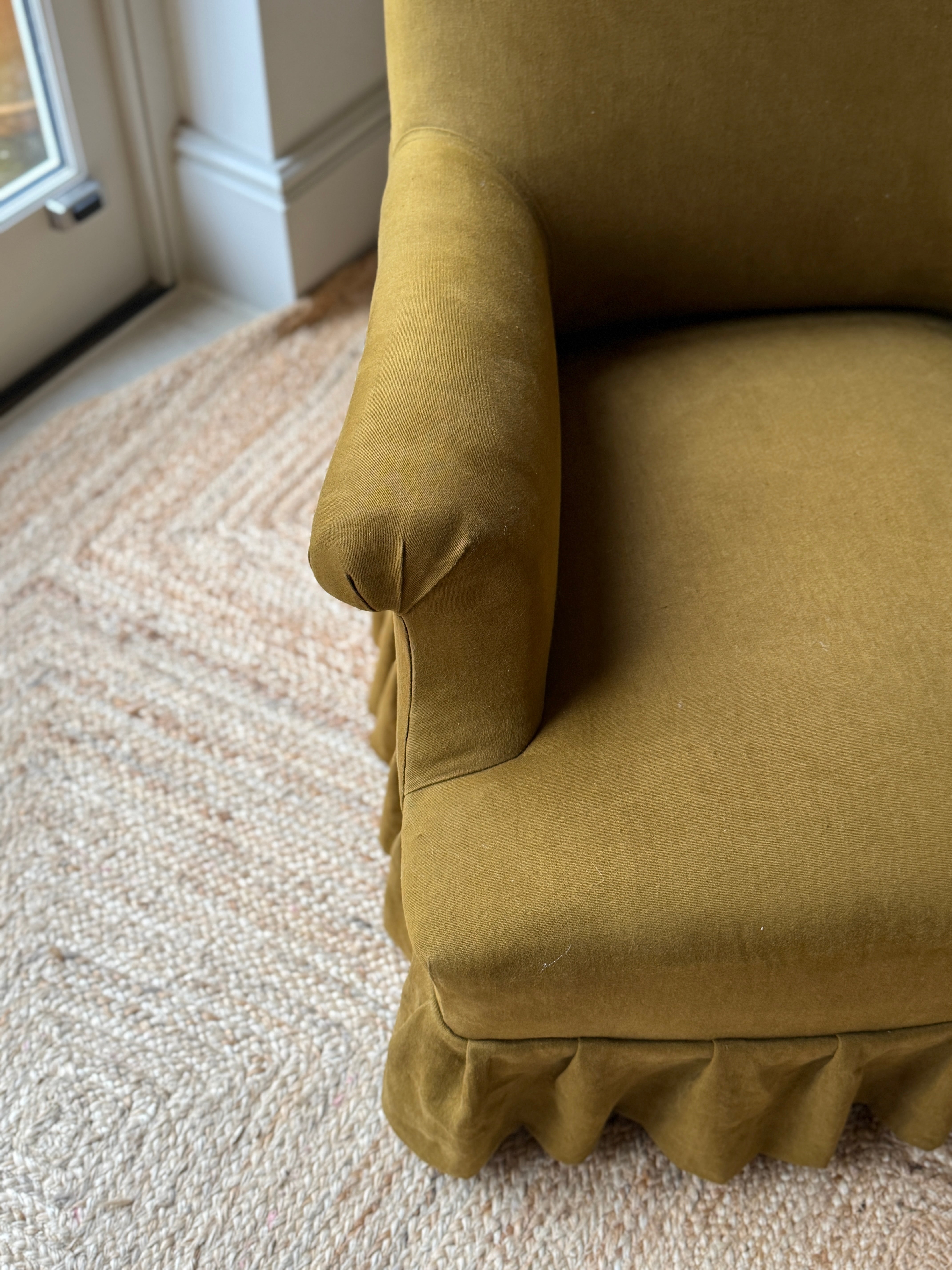 Late 19th Century Armchair in Khaki Green Linen and loose Skirt