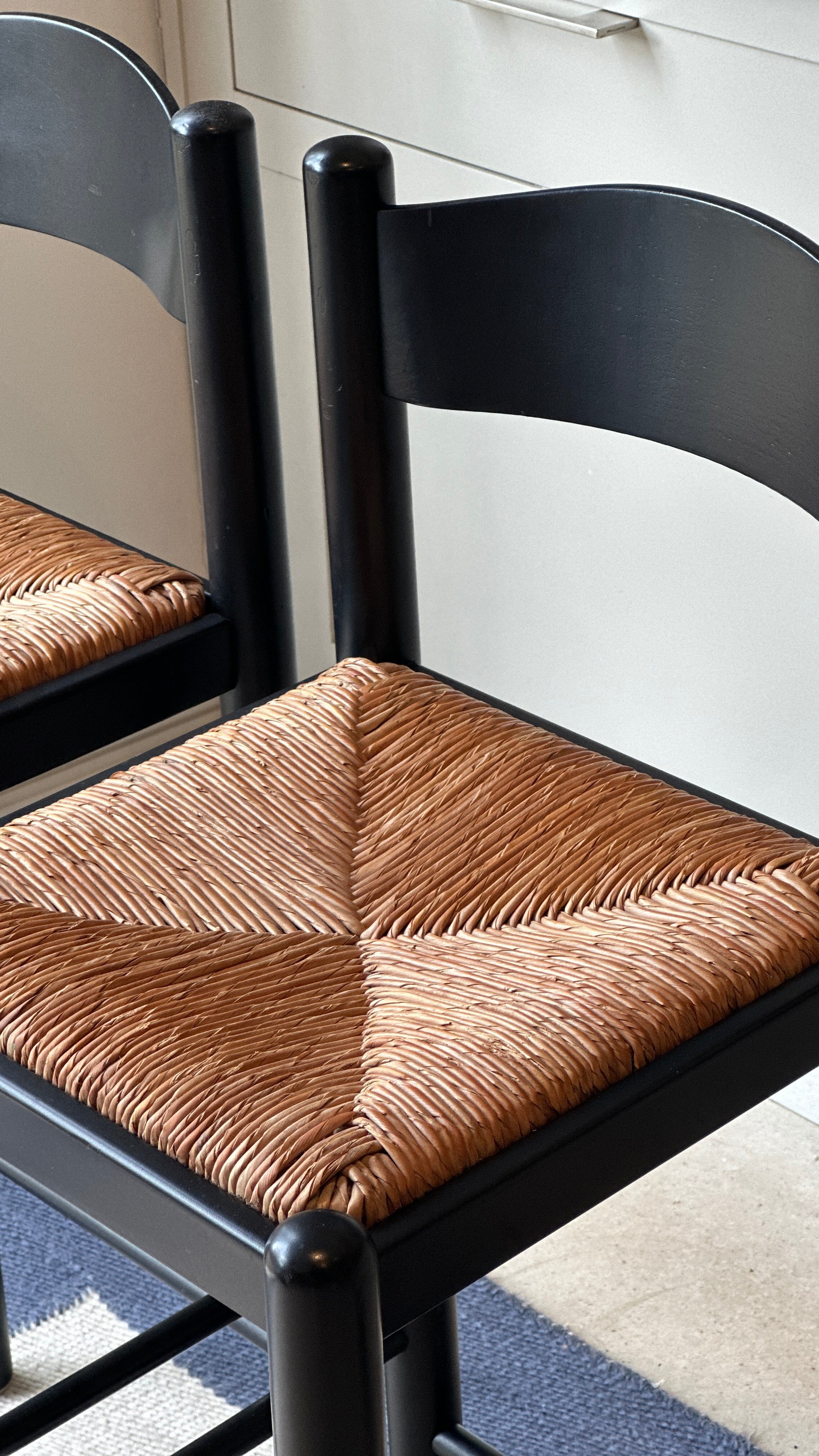 Pair of Vintage Rush Seat Bar Stools in Black