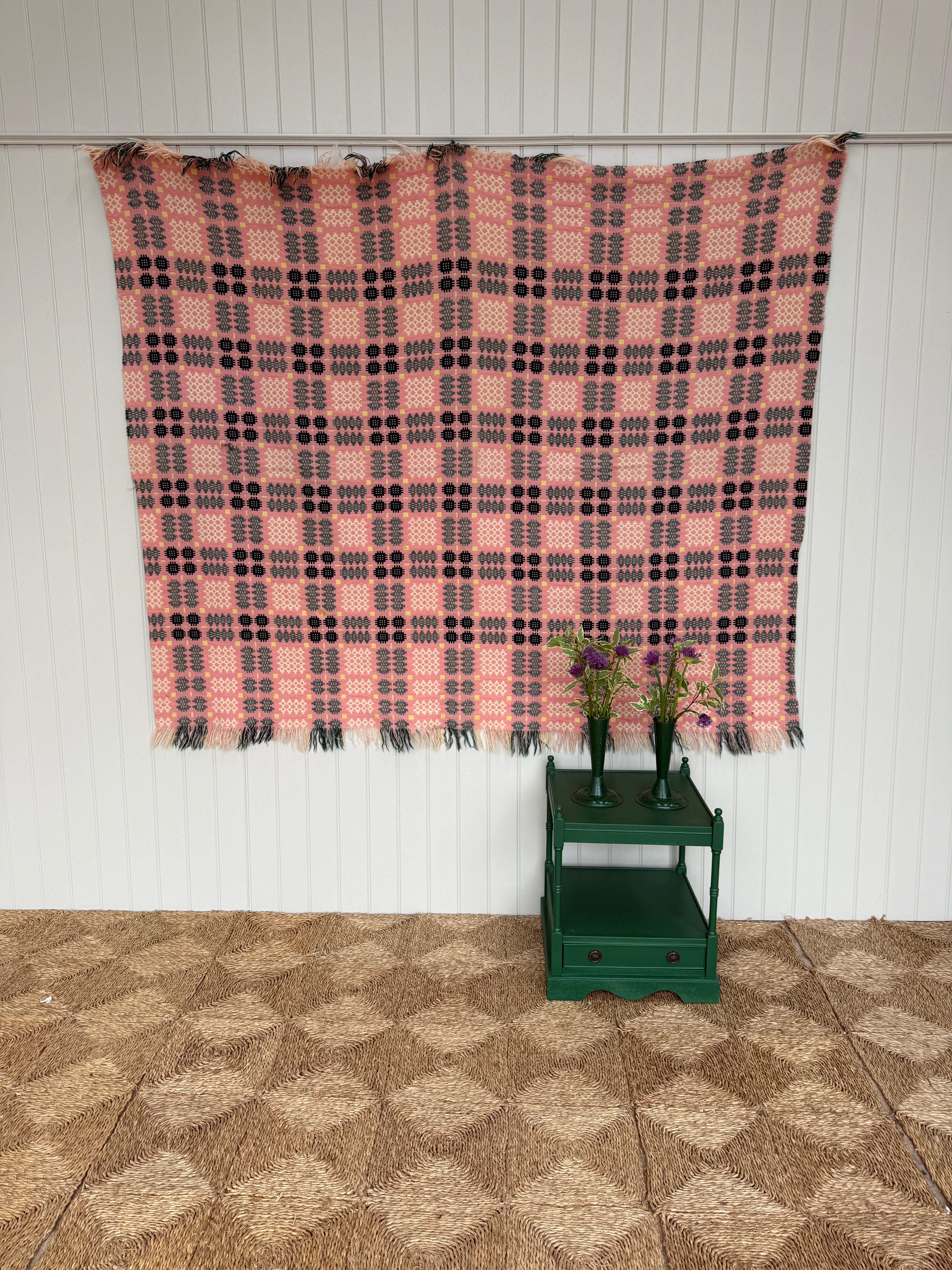 Vintage Welsh Blanket in Pink, Green and Yellow