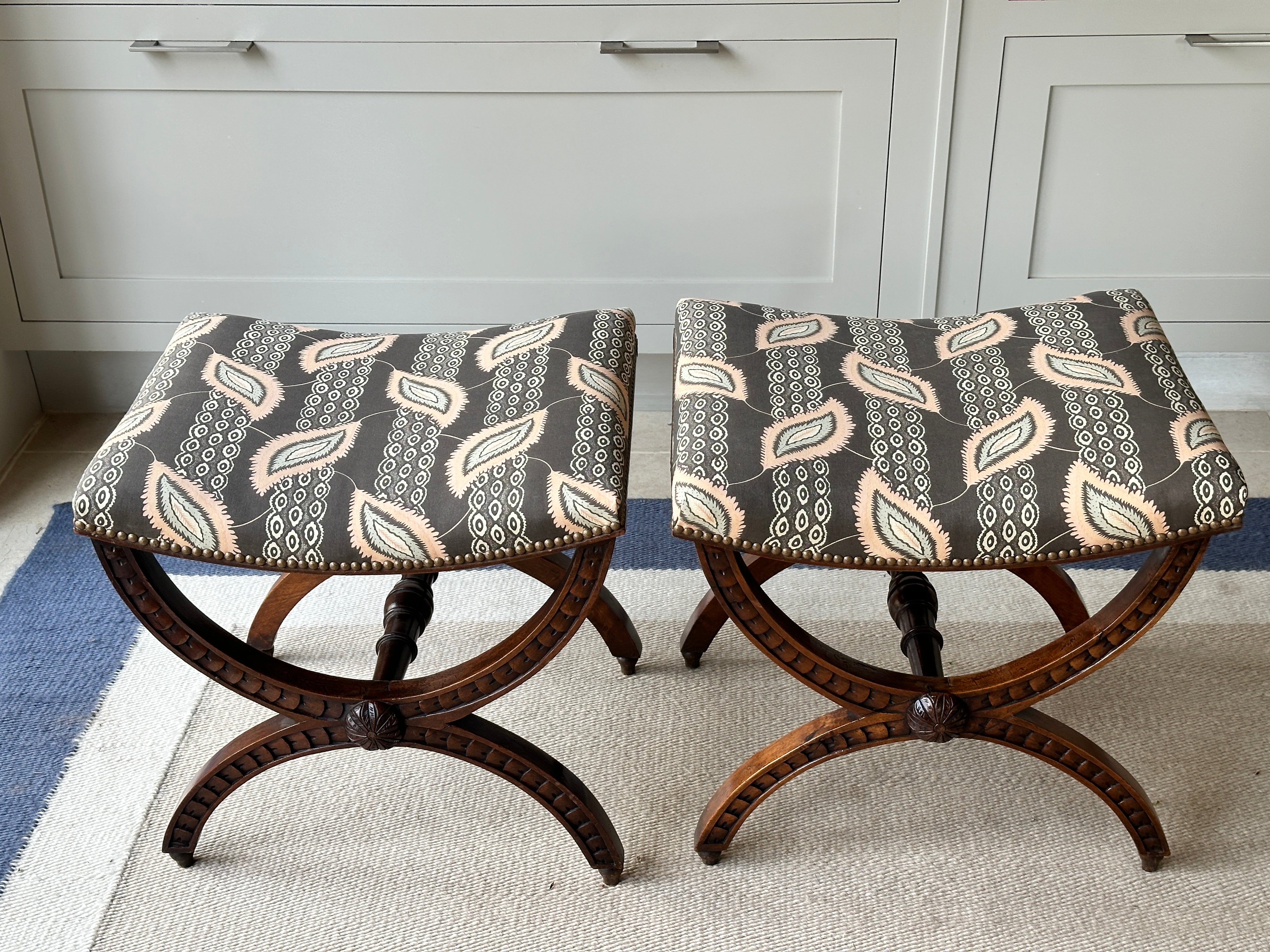 Pair of English X Frame Footstools in John Stefanidis Josephine