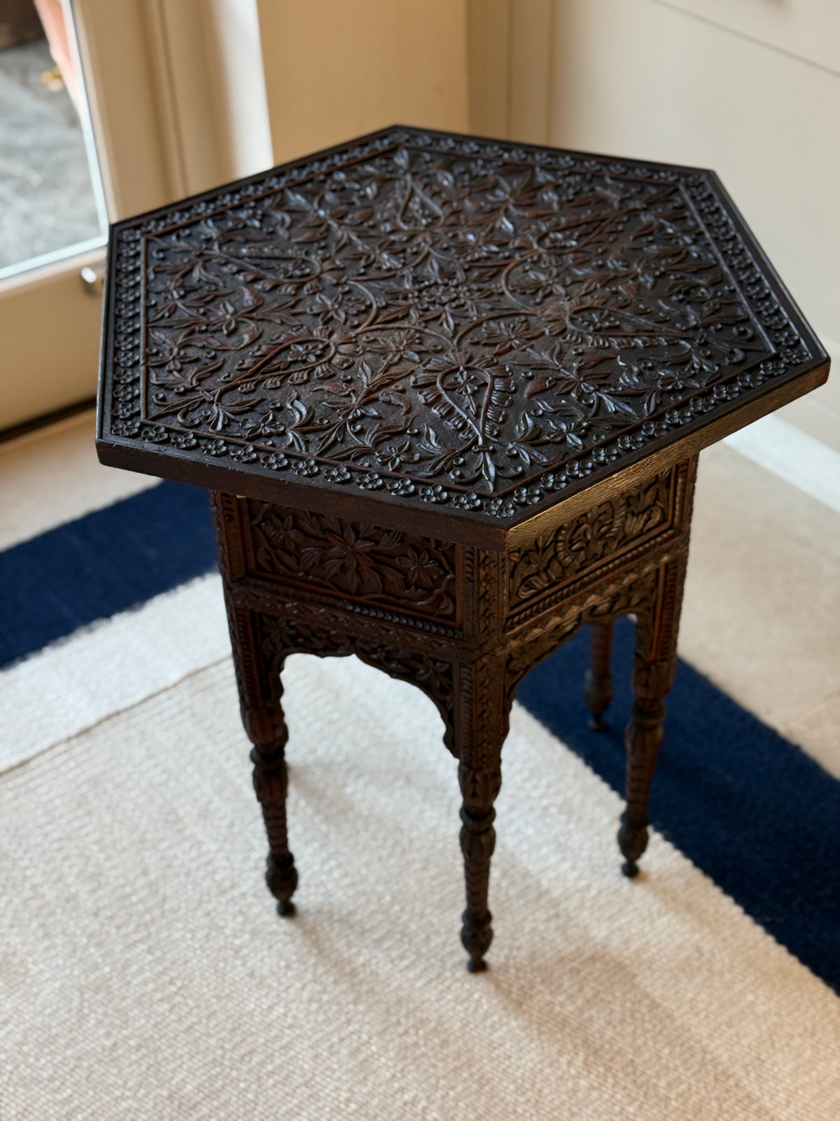 Antique Anglo-Indian Carved Hexagonal Occasional Table