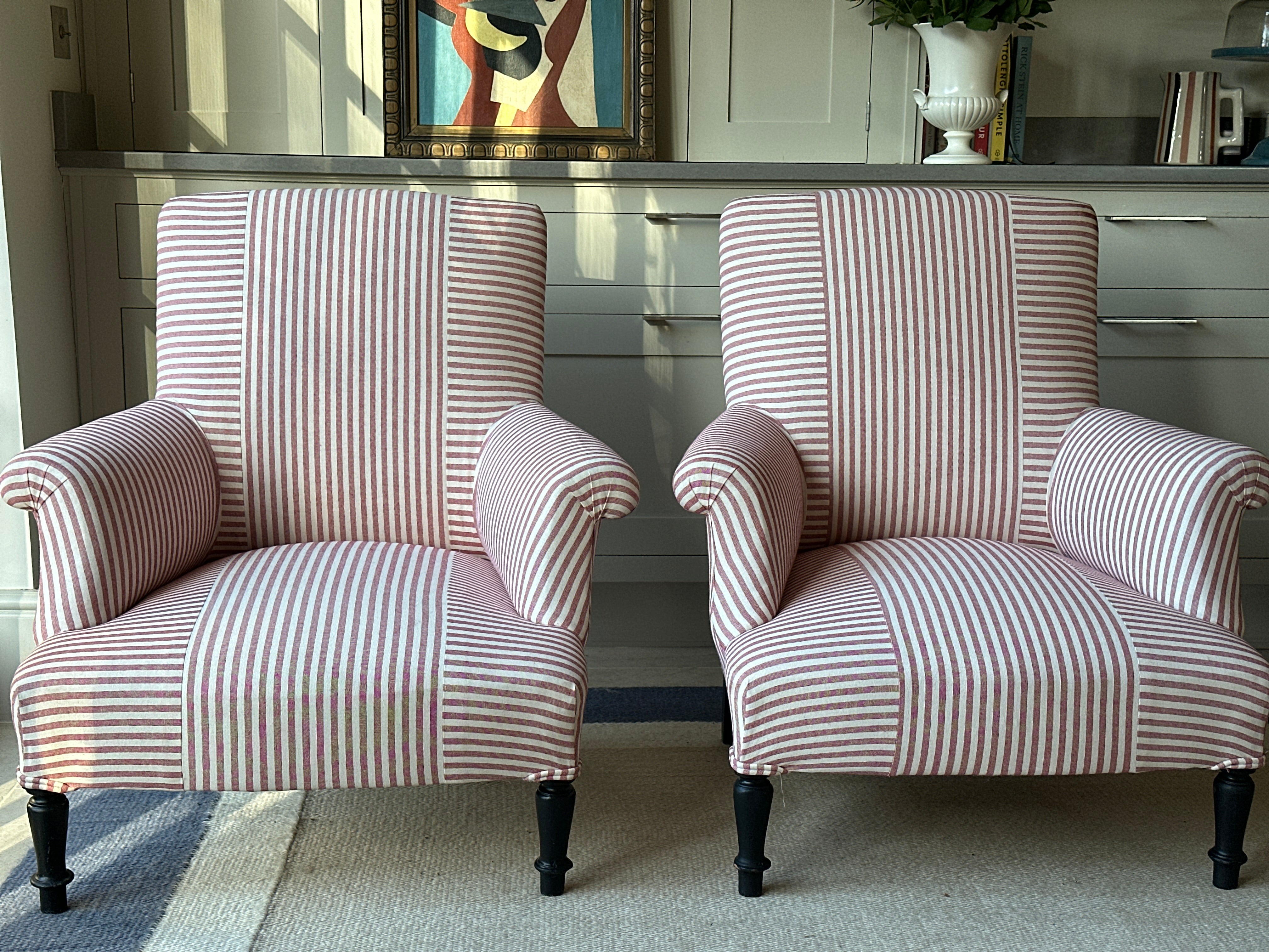Pair of Napoleon III Squareback chairs in Red ticking Criss Cross