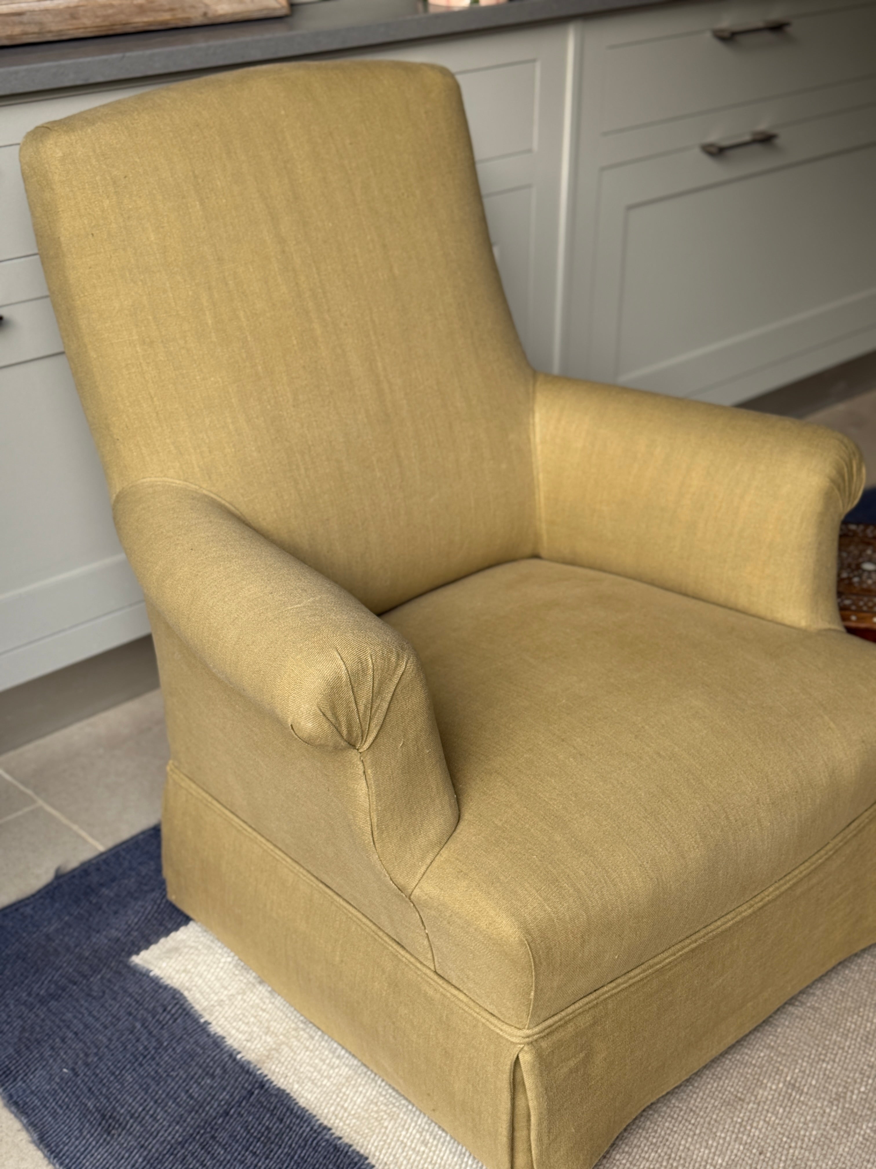 French Squareback Chair Upholstered on yellow linen with skirt
