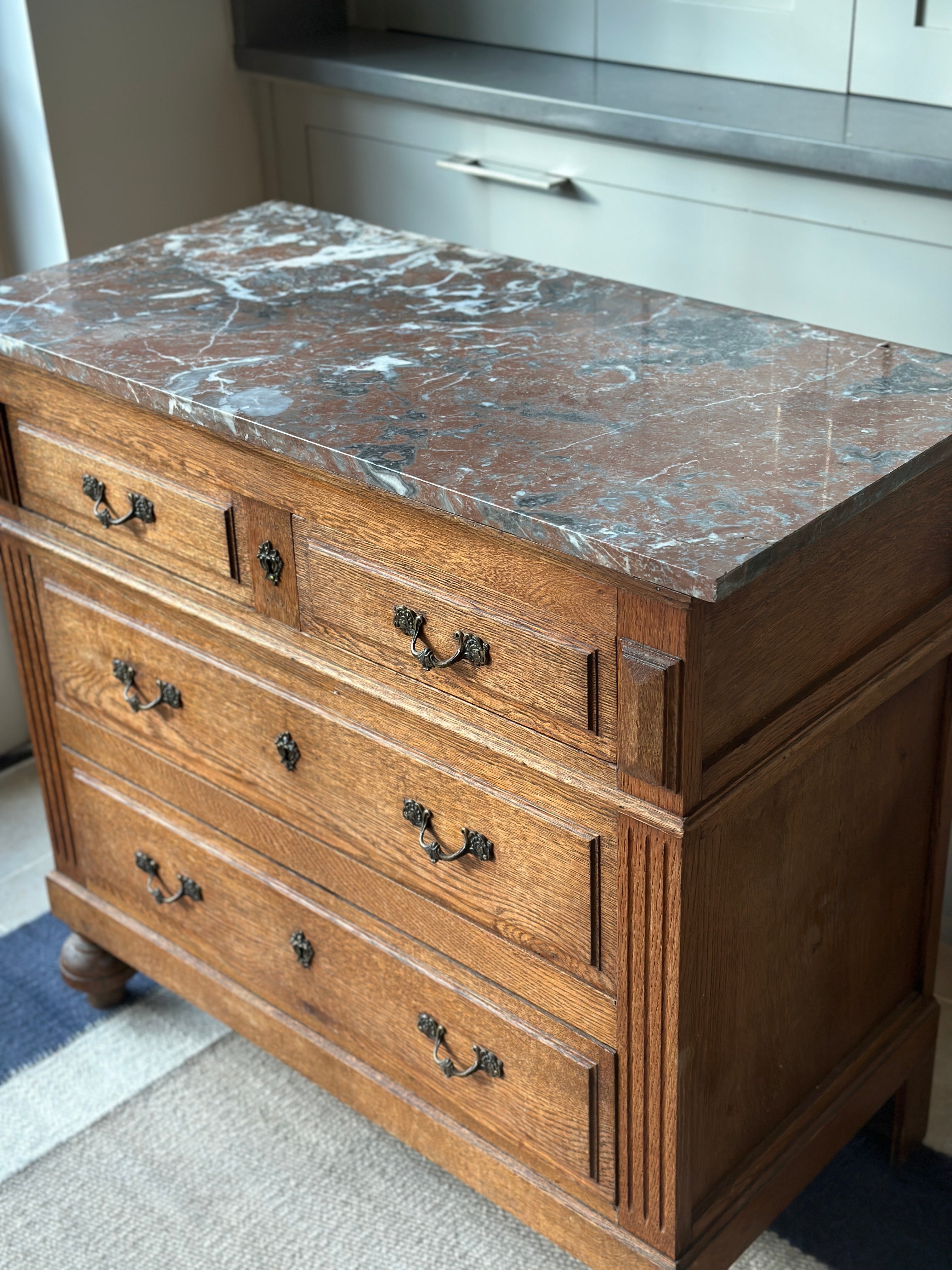Small Early 20th Century Oak Commode with Polychrome Marble Top