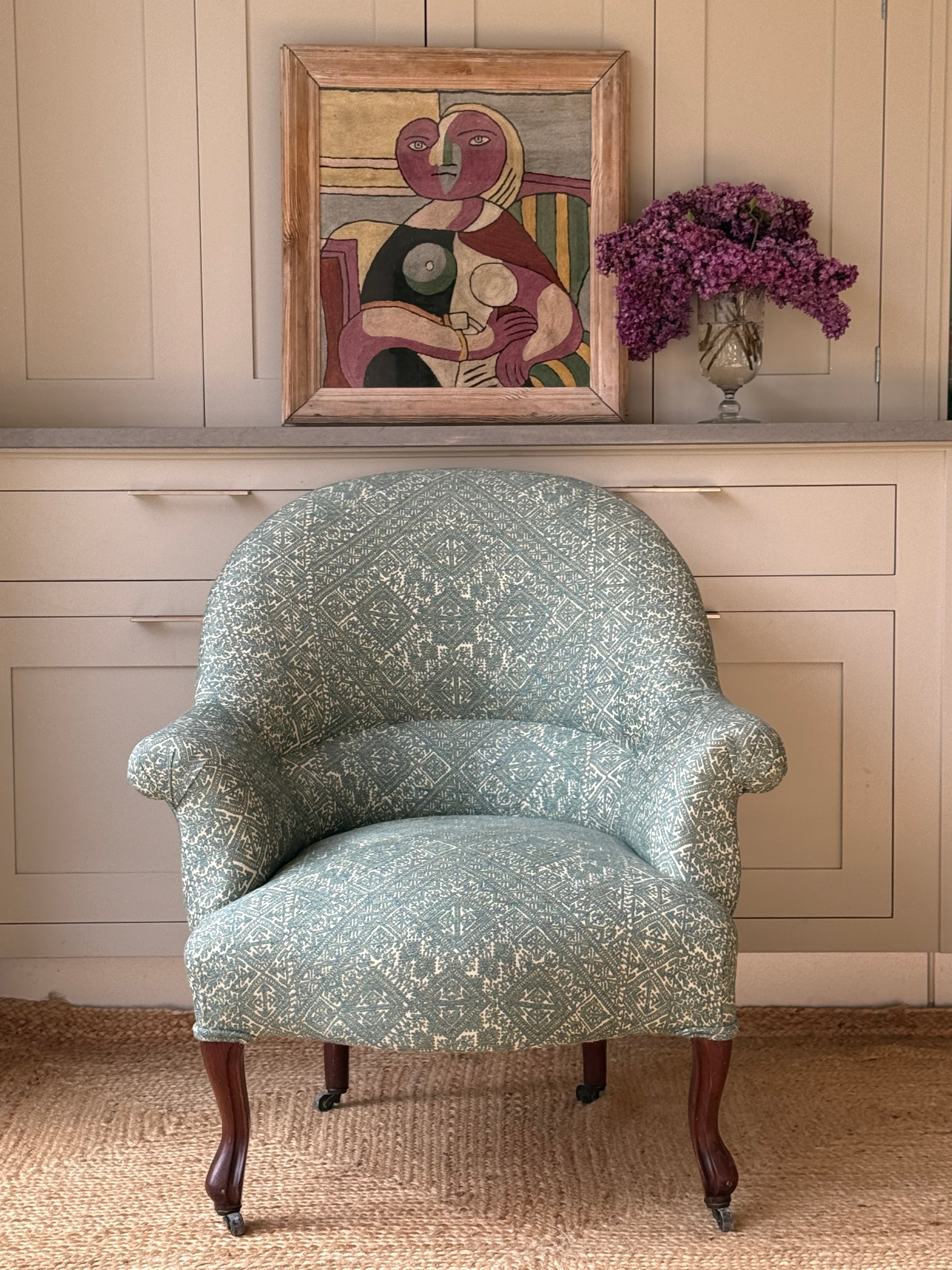 Antique French Tub Chair in GG Fez Weave Seafoam