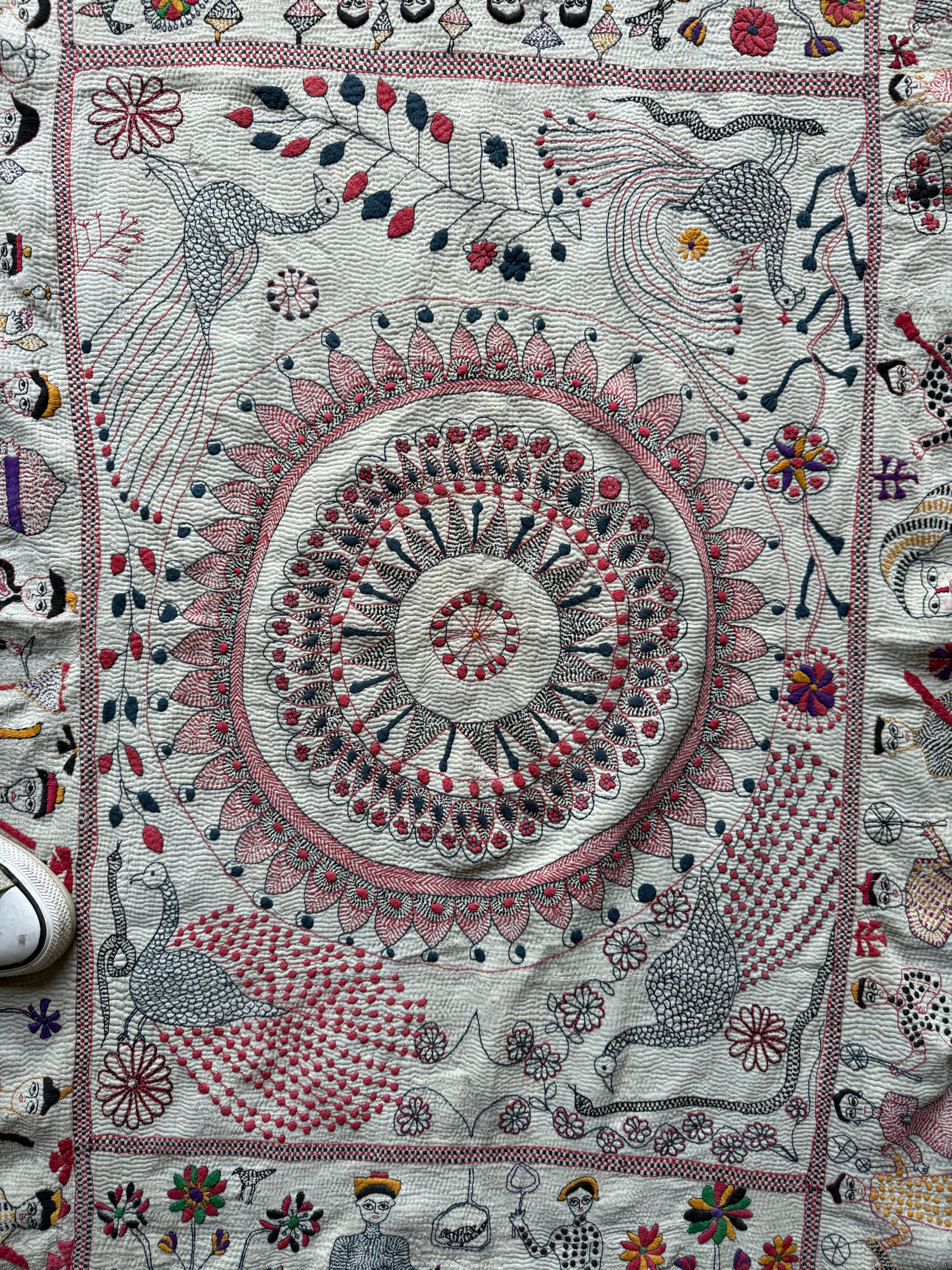 Rare Bengali Nakshi Kantha with Fish Border c late 19th Century