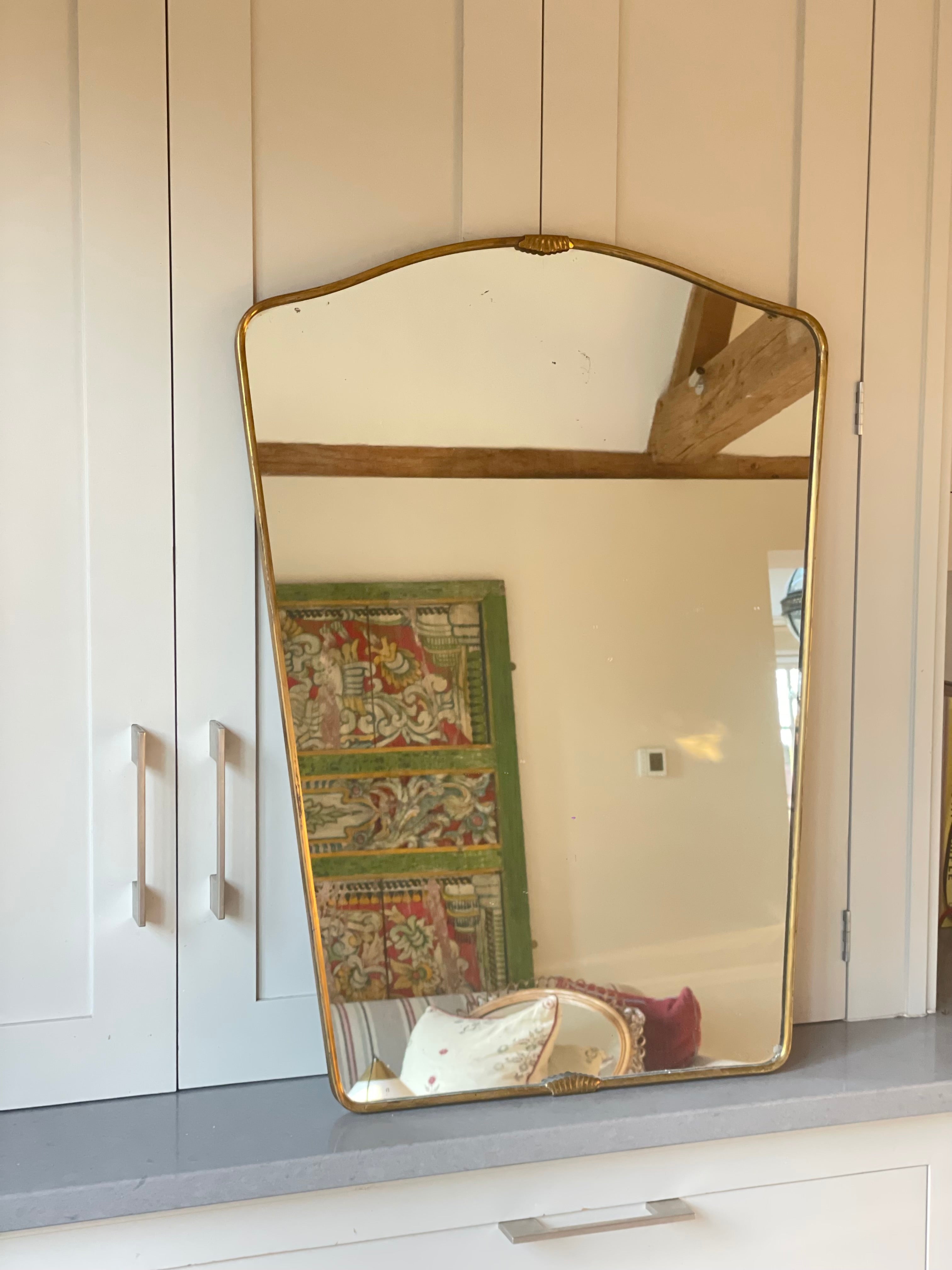 Italian Mid Century Brass Shield Mirror with Reeded border